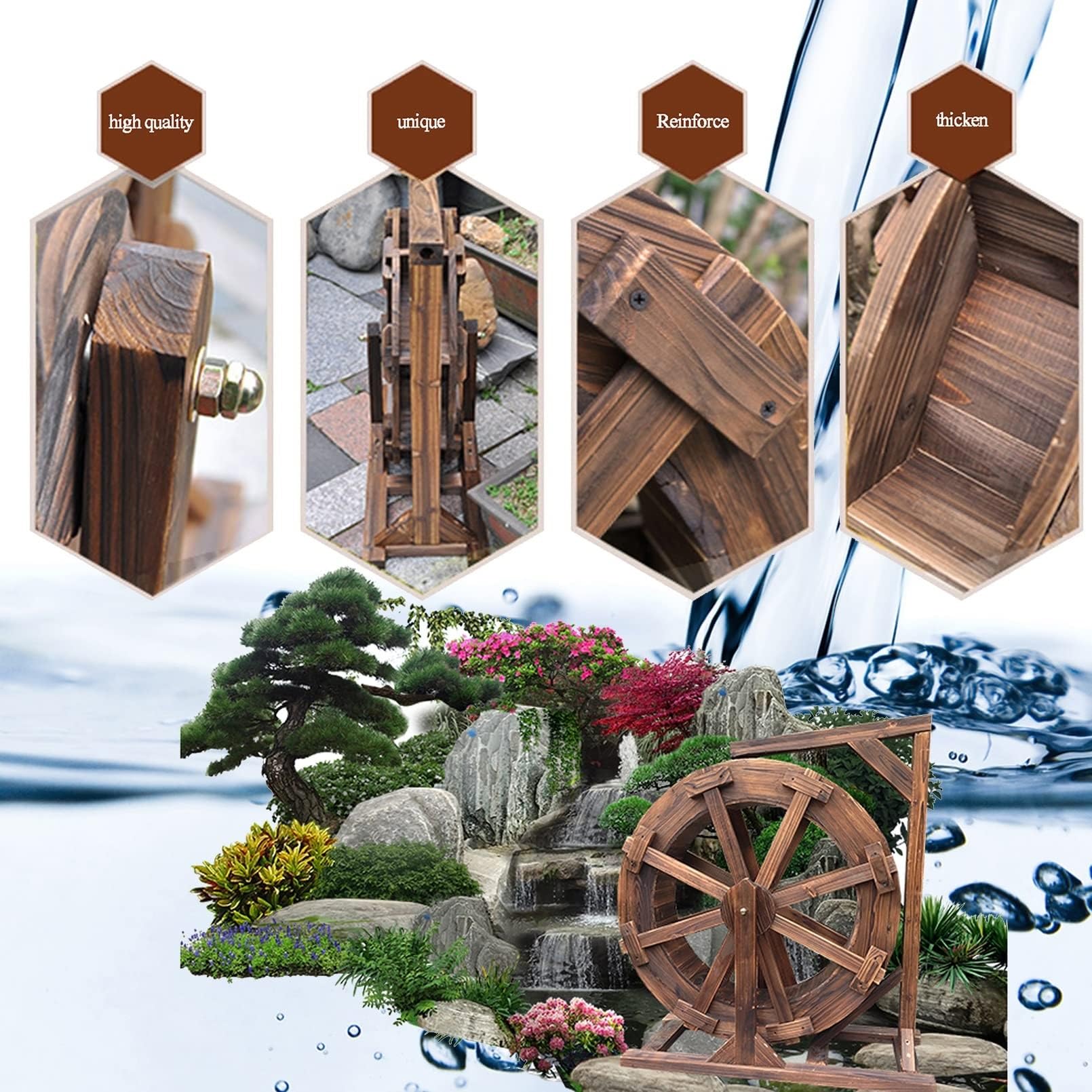 Holz-Wasserrad-Brunnen, Garten-Wasserfall-Wasserpumpe, Freistehende Gartendekoration 30cm