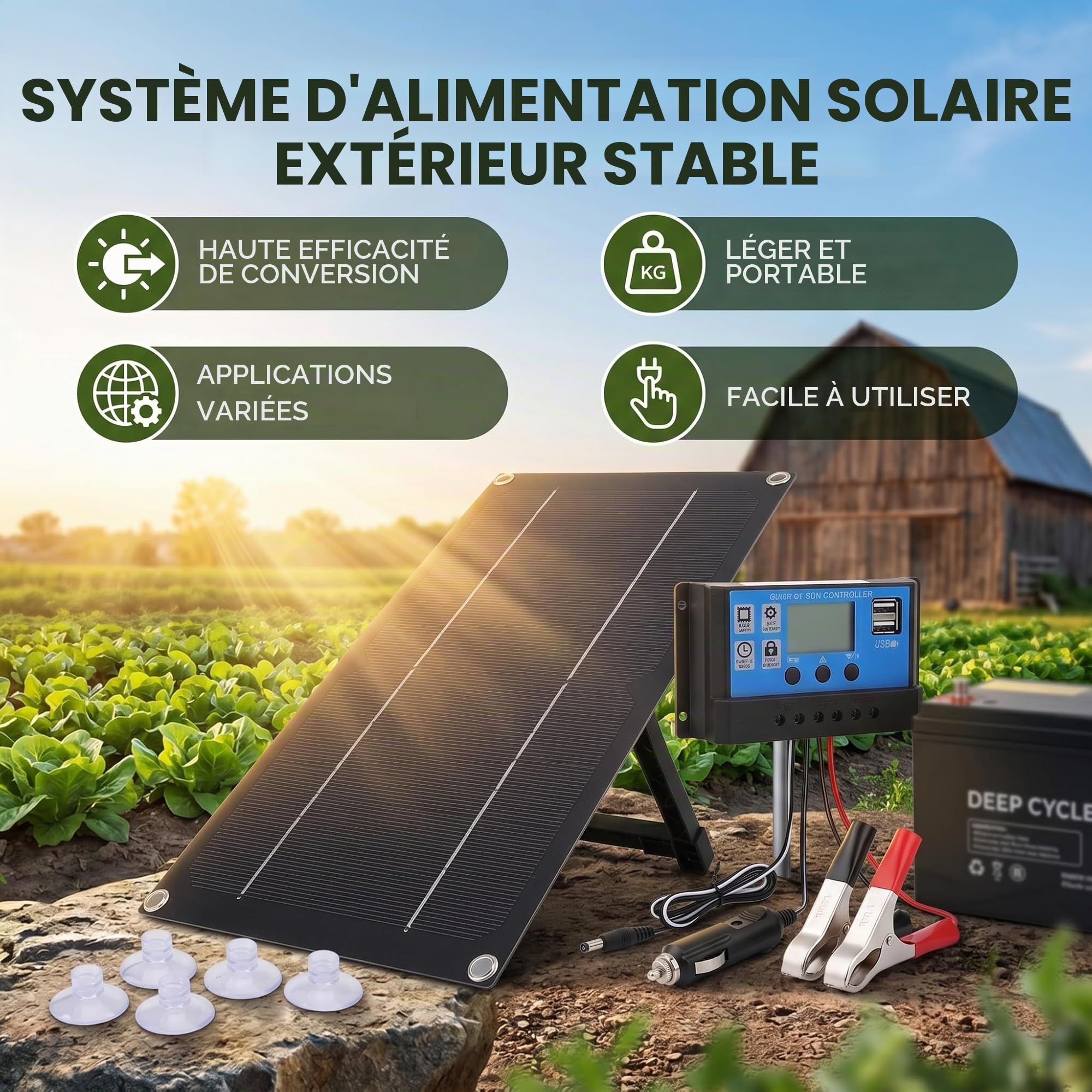 Kit Panneau Solaire 6W 18V avec Contrôleur de Charge 100A - Chargeur de Batterie pour Voiture, Camping-Car, Caravane, Véhicules Récréatifs, Bateaux