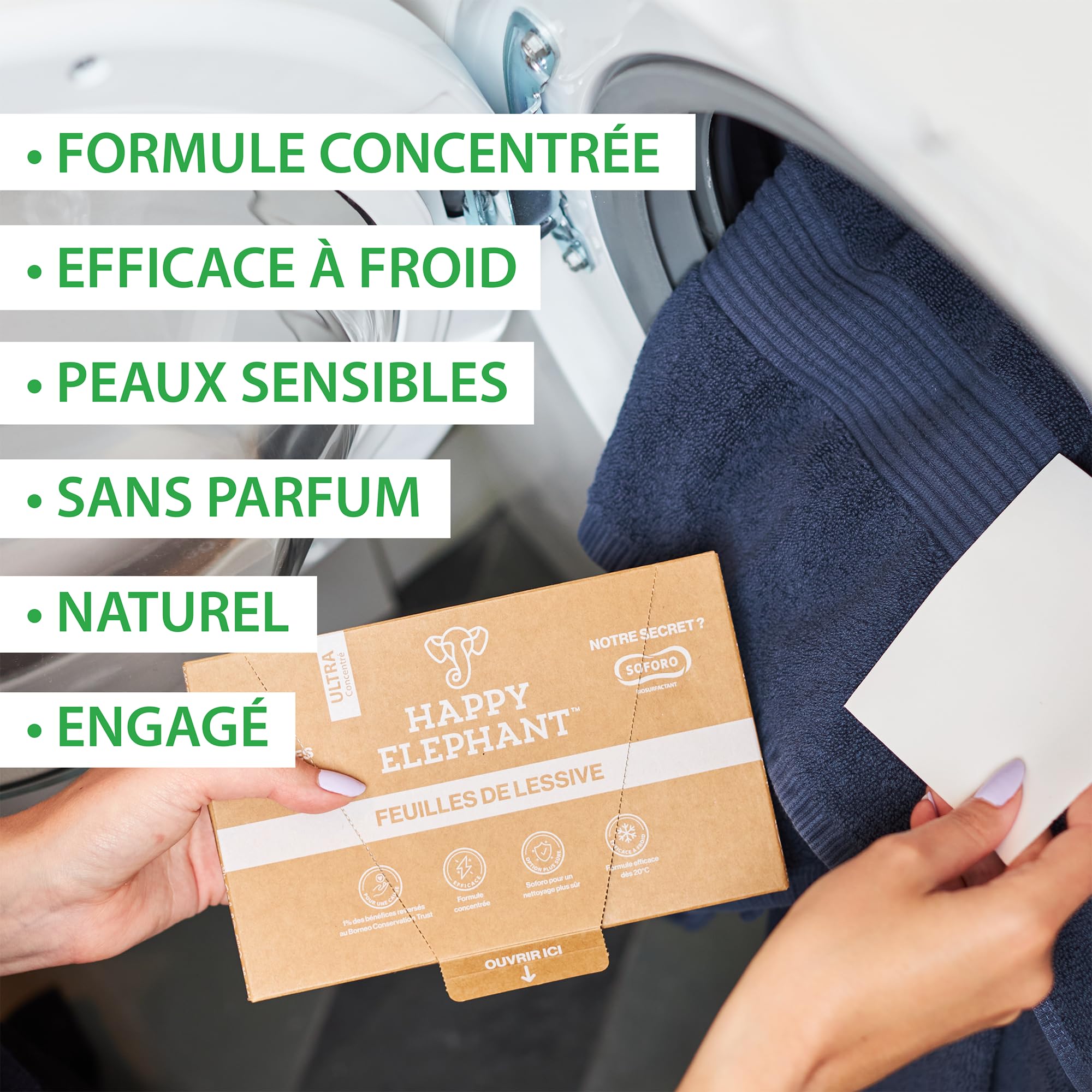Feuilles Lessive Ecologique Ultra-Concentrée - Feuille Lessive Sans Plastique et Sans Parfum - Machine à Laver & Main - Format Compact Idéal en Voyage - Happy Elephant (1)