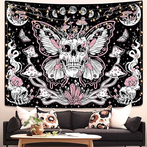 kampdream Tapiz floral de calavera, esqueleto, hongo, gótico, jardín, tapiz estético para dormitorio (60.00 x 80.00 pulgadas, negro rosa)