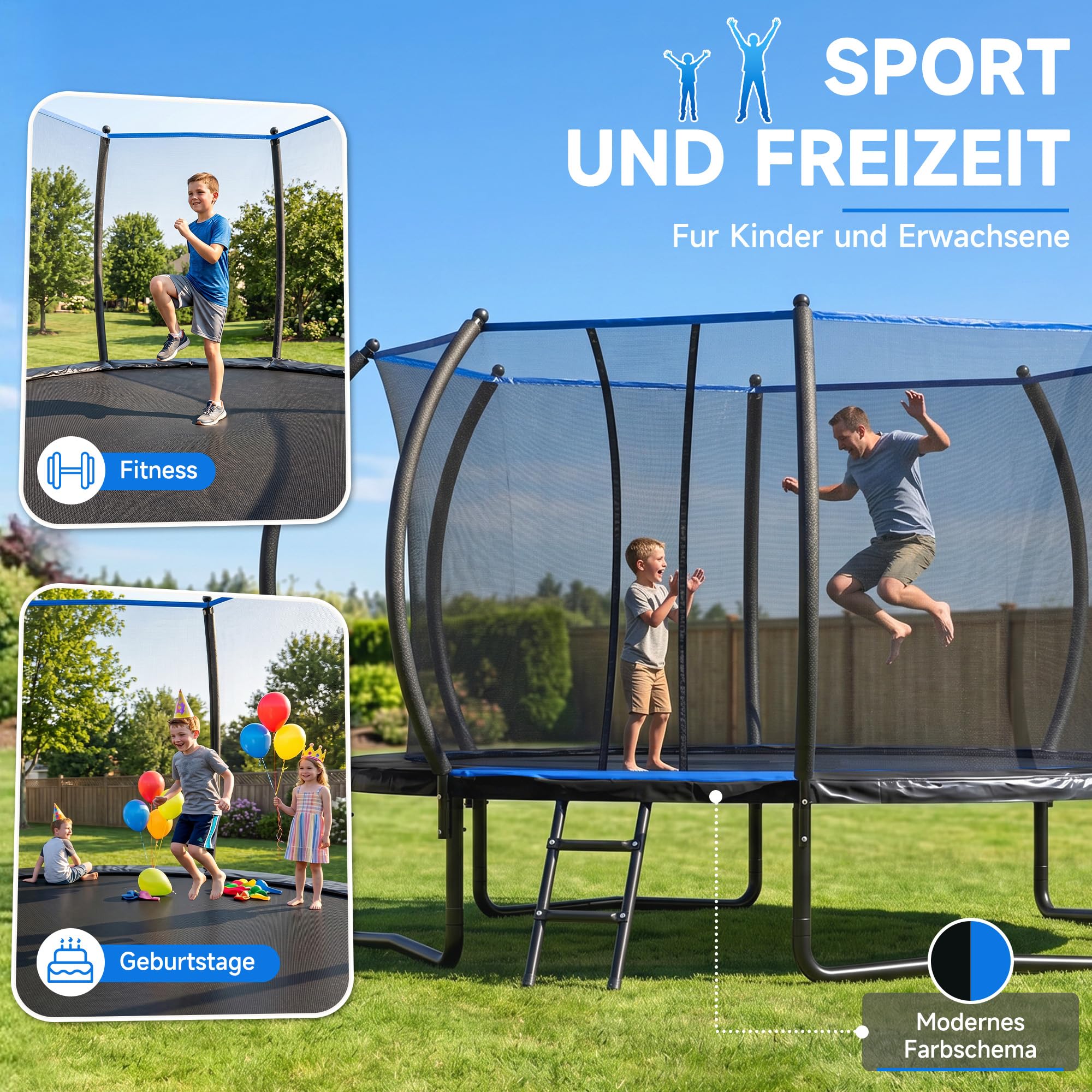 Netrum Trampolin Outdoor Ø228/305/366 cm, mit Sicherheitsnetz & Leiter, Schutzplane & Gepolsterten Netzstangen 150kg Belastbarkeit, Oval Outdoor Trampoline für Kinder & Erwachsene