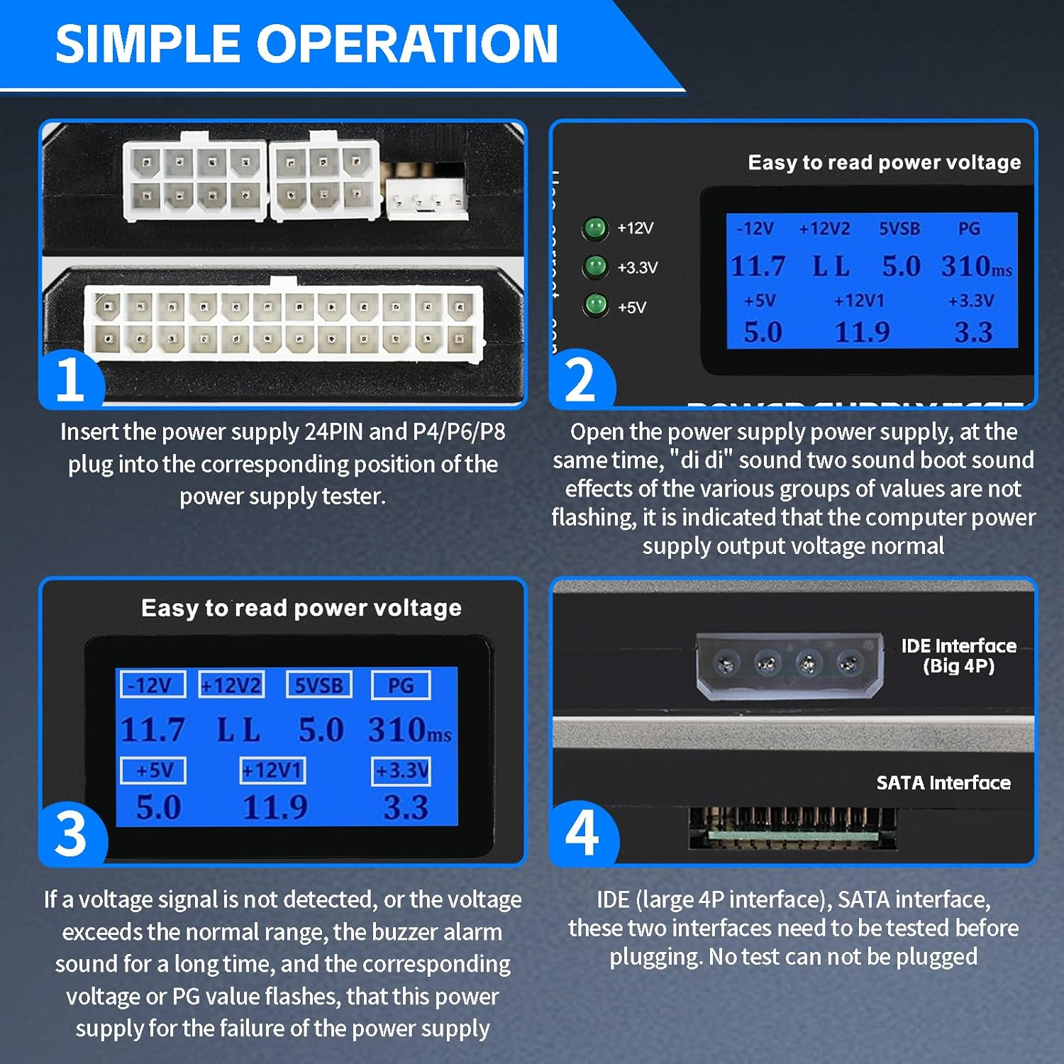 Four-step diagram showing how to connect the power supply to the tester and interpret the LCD display. Step 1 shows connecting the 24-pin and P4/P6/P8 plugs. Step 2 shows the LCD display after connection. Step 3 explains the alarm for abnormal voltages. Step 4 shows the IDE and SATA interfaces.