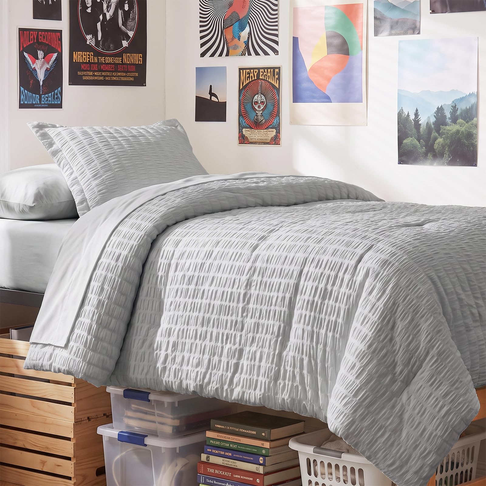 CozyLux Twin XL Comforter Set, 5 Pieces Light Grey Seersucker Bed in a Bag