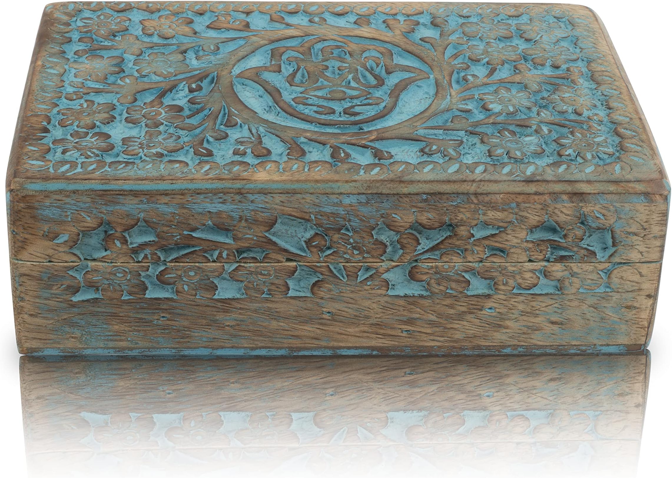 Great Birthday Gifts Handmade Decorative Wooden Jewellery Keepsake Box Hamsa Hand Carving Jewellery Organizer Treasure Chest Trinket Holder Watch Storage Lock Box 20 x 12 cms Gift (Blue)