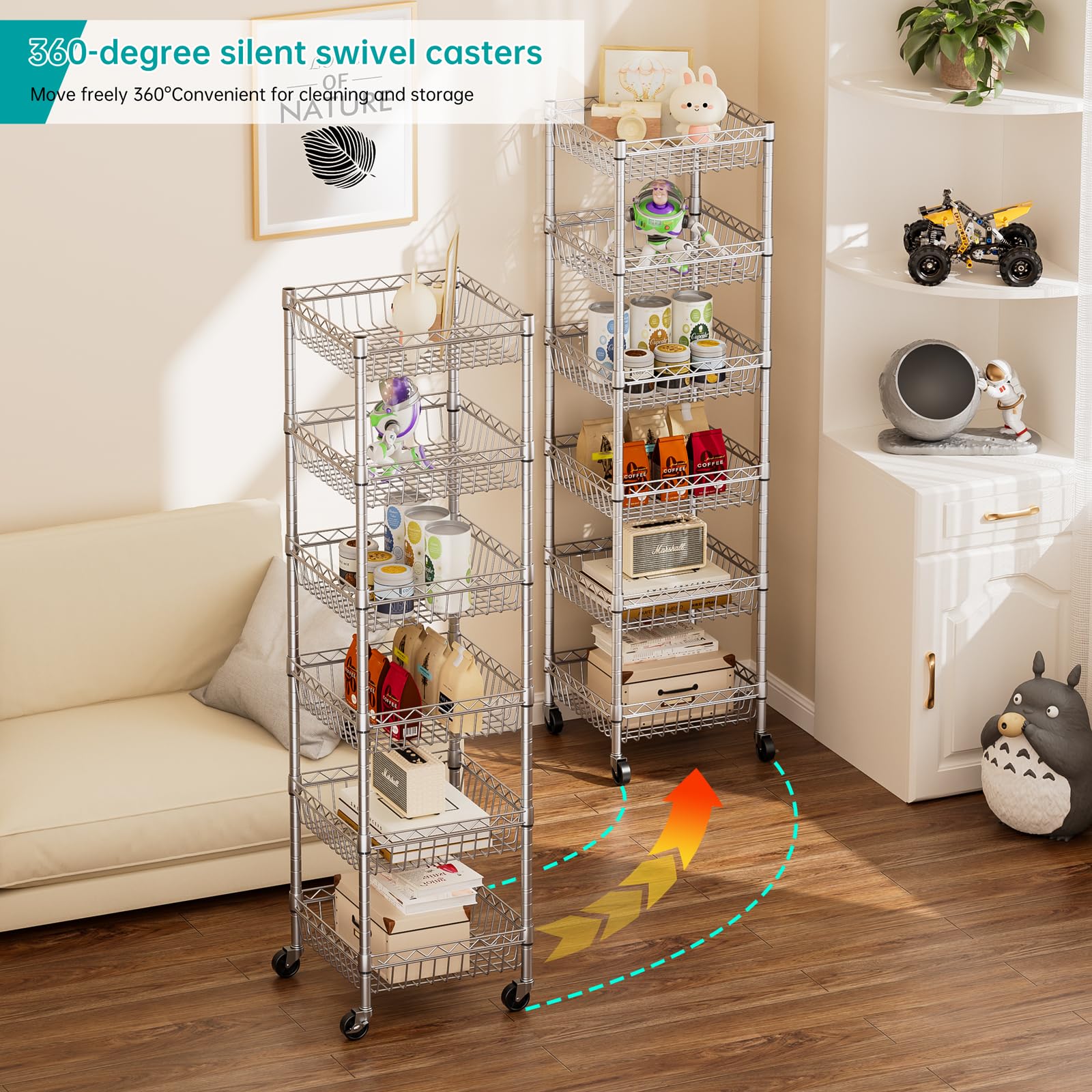 SINGAYE Estantería de almacenamiento ajustable de 6 niveles, unidades de pie con ruedas, organizadores de estantería de alambre, despensa de metal, cocina, lavandería, 34.3 cm de profundidad x 34.3 cm