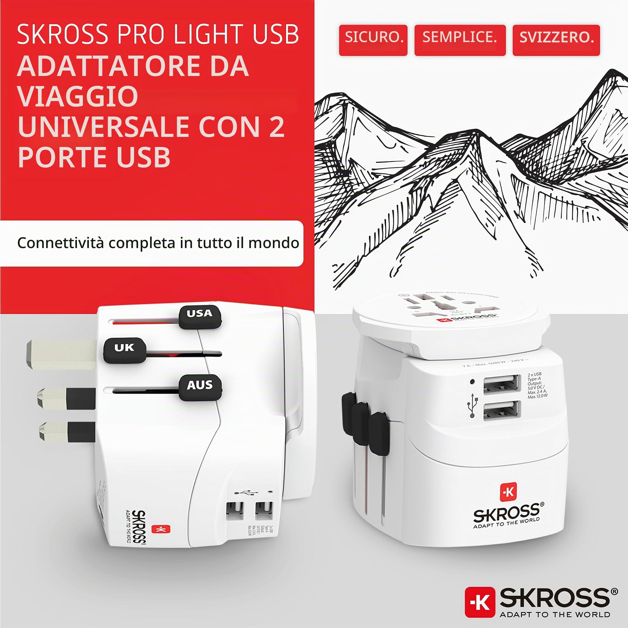 SKROSS - Adattatore da viaggio - World to Europe - con spina di terra (senza Svizzera e Italia) + 2xUSB 2400 mA