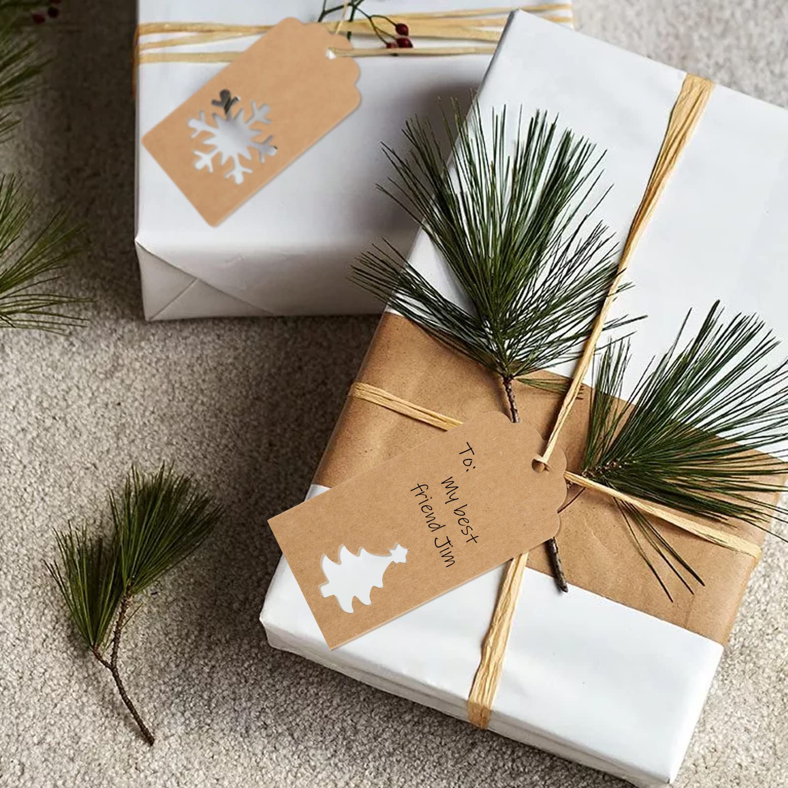 Lot De 150 étiquettes Cadeaux De Noël, Arbre De Noël, Flocon De Neige, Renne, Papier Kraft Marron Avec Ficelle De Jute