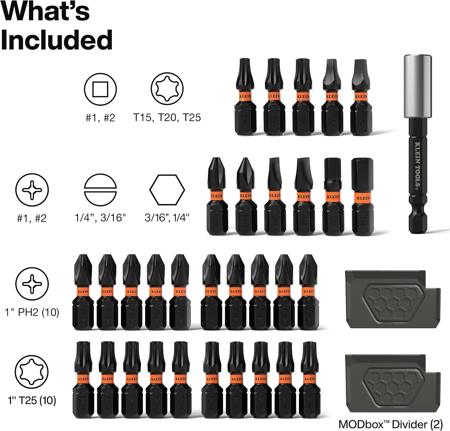 Klein Tools 80212 32-Piece Impact Bit Set, ProFlex Torsion Zone S2 Steel Bits, Includes PH2 and T25, Slim MODbox Compatible Case