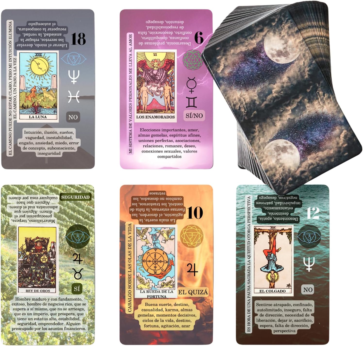 Witchy Cauldron Spanish Learning Tarot Card for Beginners with Meanings on Them - Training Beginner Cards for Tarot Learners Including Chakra, Planet, Zodiac, Element, Yes or No.