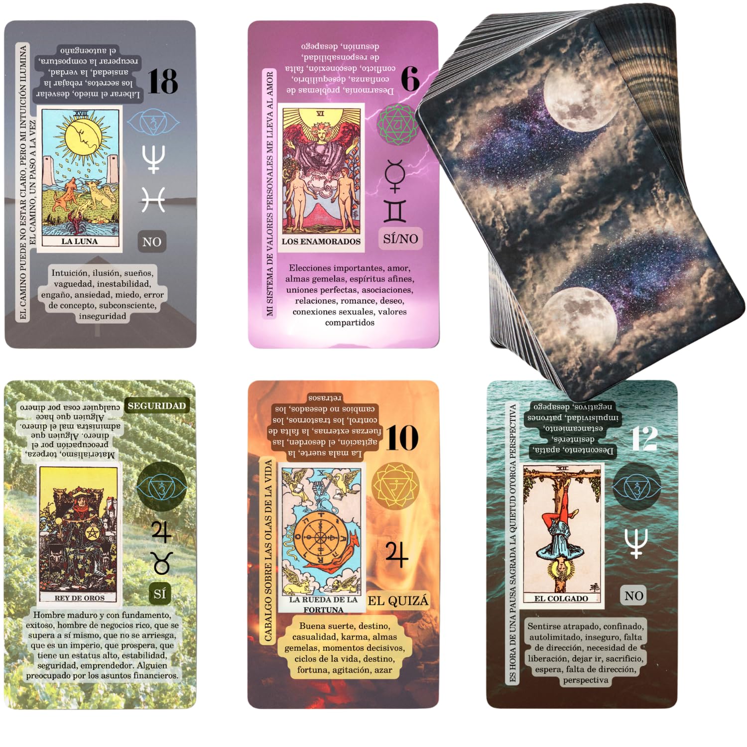Witchy Cauldron Spanish Learning Tarot Card for Beginners with Meanings on Them - Training Beginner Cards for Tarot Learners Including Chakra, Planet, Zodiac, Element, Yes or No.