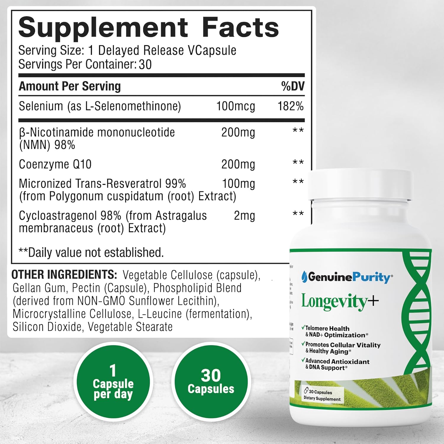 Longevity+ 5-in-1 Cellular Wellness Formula with NMN, Cycloastragenol, CoQ10, Resveratrol & Selenium - Non-GMO 30 Vegan Capsules to Support Healthy Aging, Cellular Energy & Vitality