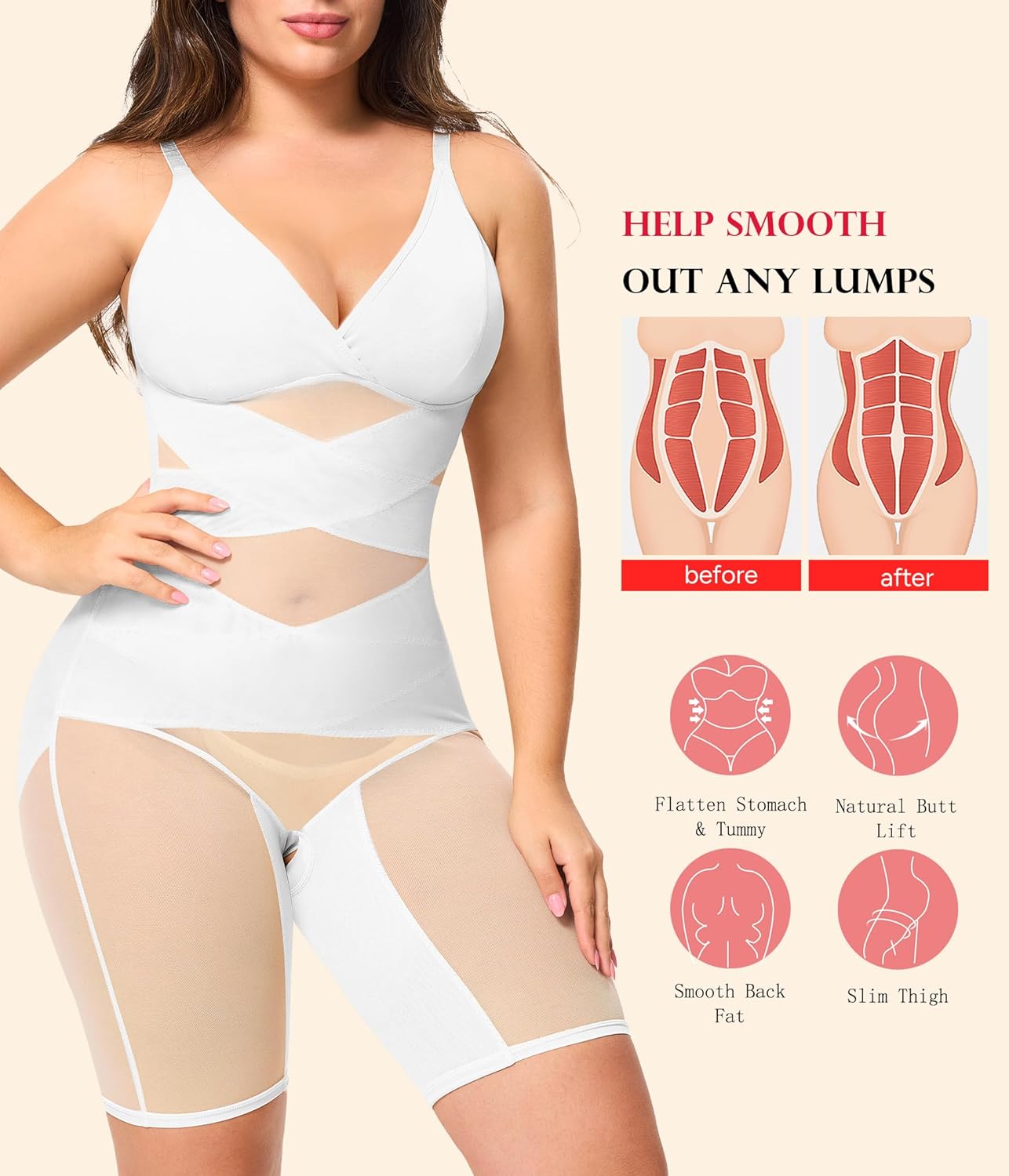 KUMAYES Shapewear Bodysuit for Women - Tummy Control Butt Lifter Fajas Body Shaper V-Neck Body Suits with Built in Bra - Image 2