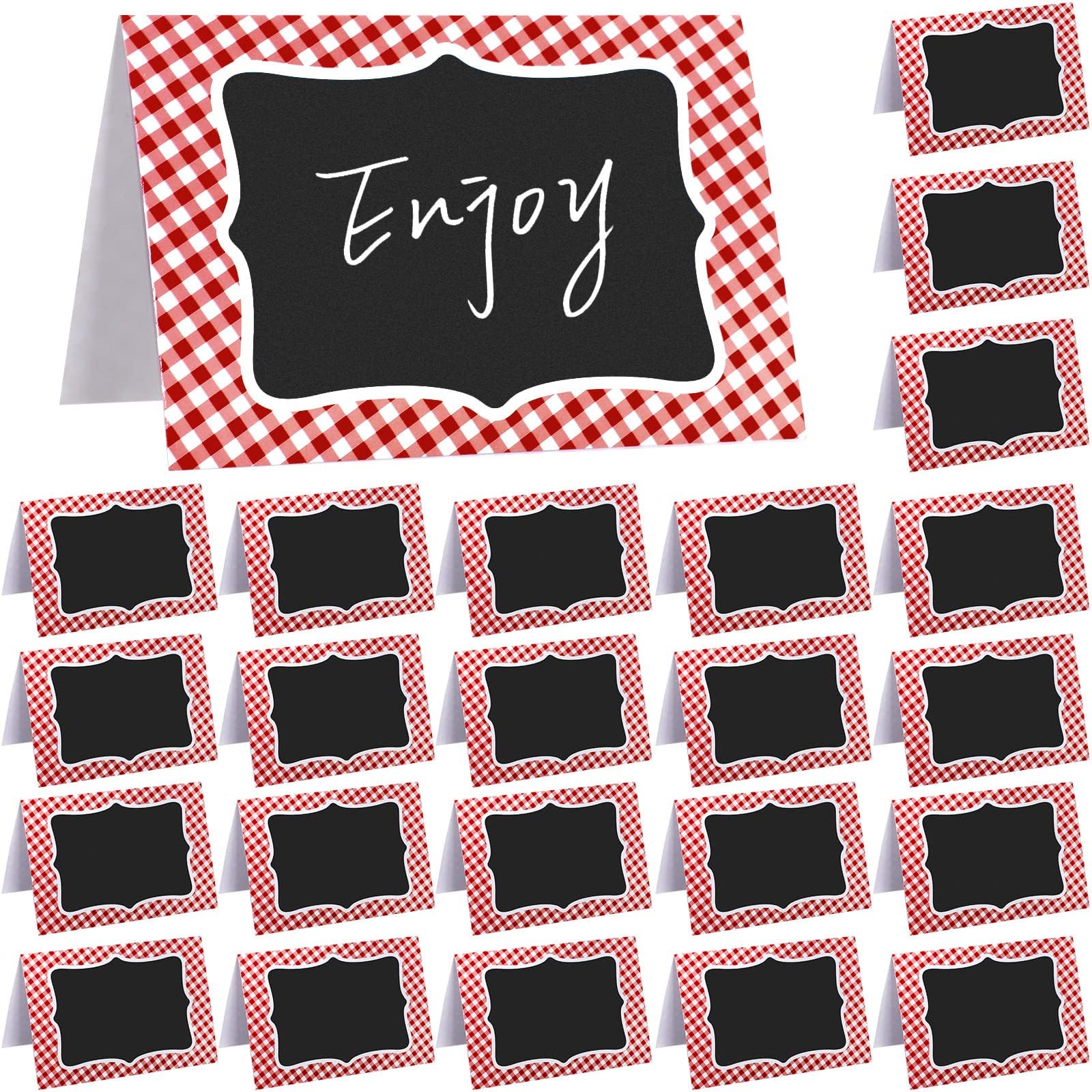 TaoBary 24 Pcs Red Gingham Picnic Party Decoration Supplies 6x4 Inch Italian Themed Chalkboard Tent Card Food Label for Party Buffet Summer BBQ Cookout Wedding Baby Shower Table Number Food Place