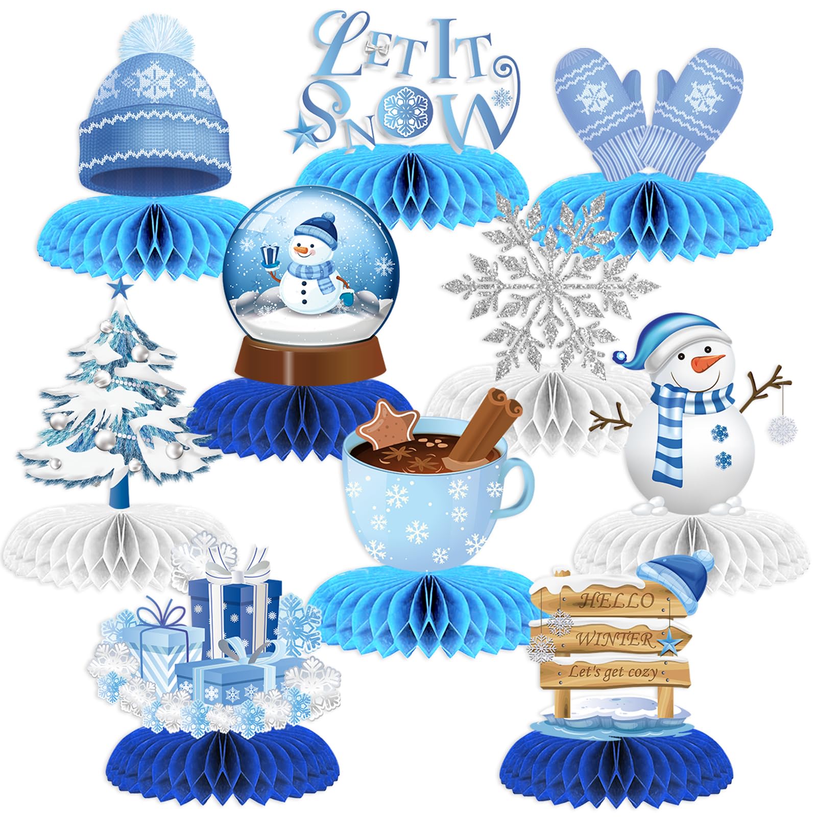 10 Pcs Snowflake Christmas Party Supplies Winter Wonderland Party Decorations Blue White Snowflake Honeycomb Centerpieces Table Decorations for Christmas Holiday Winter Birthday Party Supplies