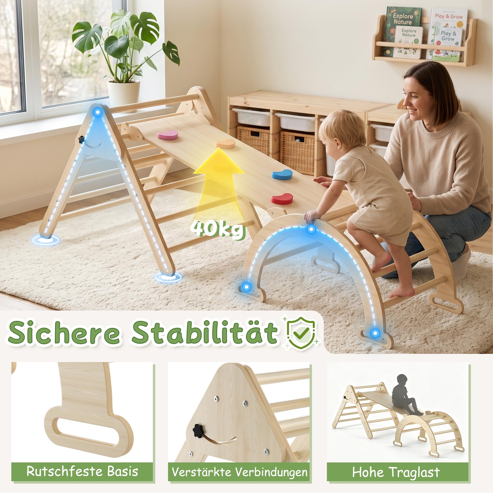 XMTECH Kletterdreieck mit Kletterbogen & Rutsche – 4 in 1 Holz Klettergerüst Indoor, Kletterspielzeug für Kleinkinder 1-3 Jahre, belastbar bis 40 kg, inkl. Kletterbrett & Motorik-Spielgerät