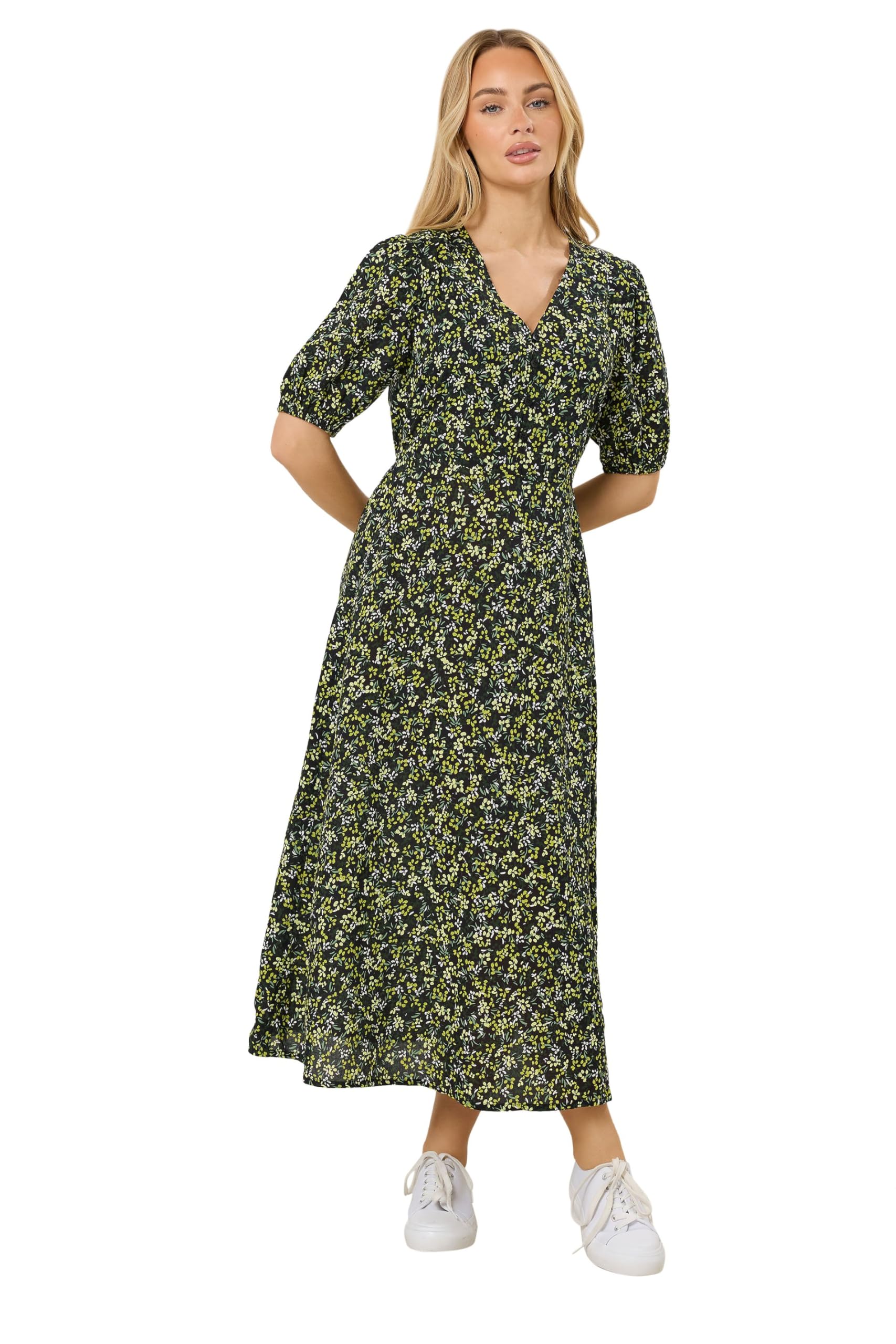 Women's Black M&Co M&Co & Green Ditsy Floral Puff Sleeve Dress Size 12