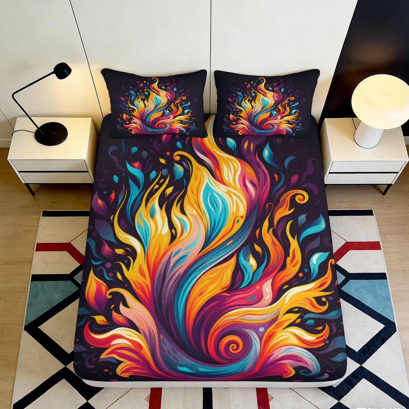 3D Printed Vibrant Flame Fitted Sheet Microfiber Soft Durable Colorful Swirl Bed Cover for Bedroom Dormitory Guest Room Mattress Protection 140x200x25cm