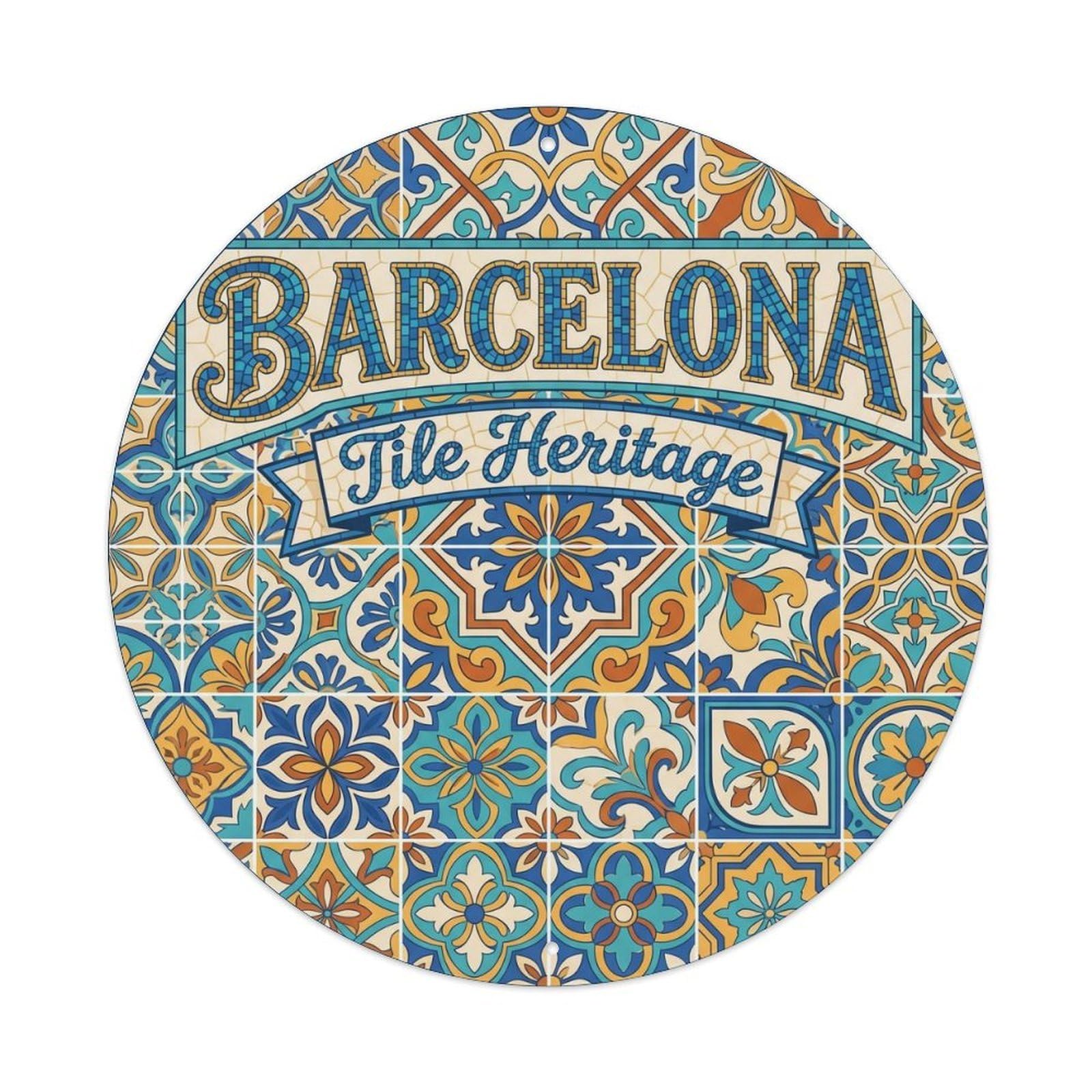 Barcelona Tile Mosaic Catalan Pattern Vintage Travel Heritage Metal Tin Sign Plaque Wall Decor for Cafe, Man Cave, Club Bar, Office, Home Garden Round Metal Poster 8x8Inch