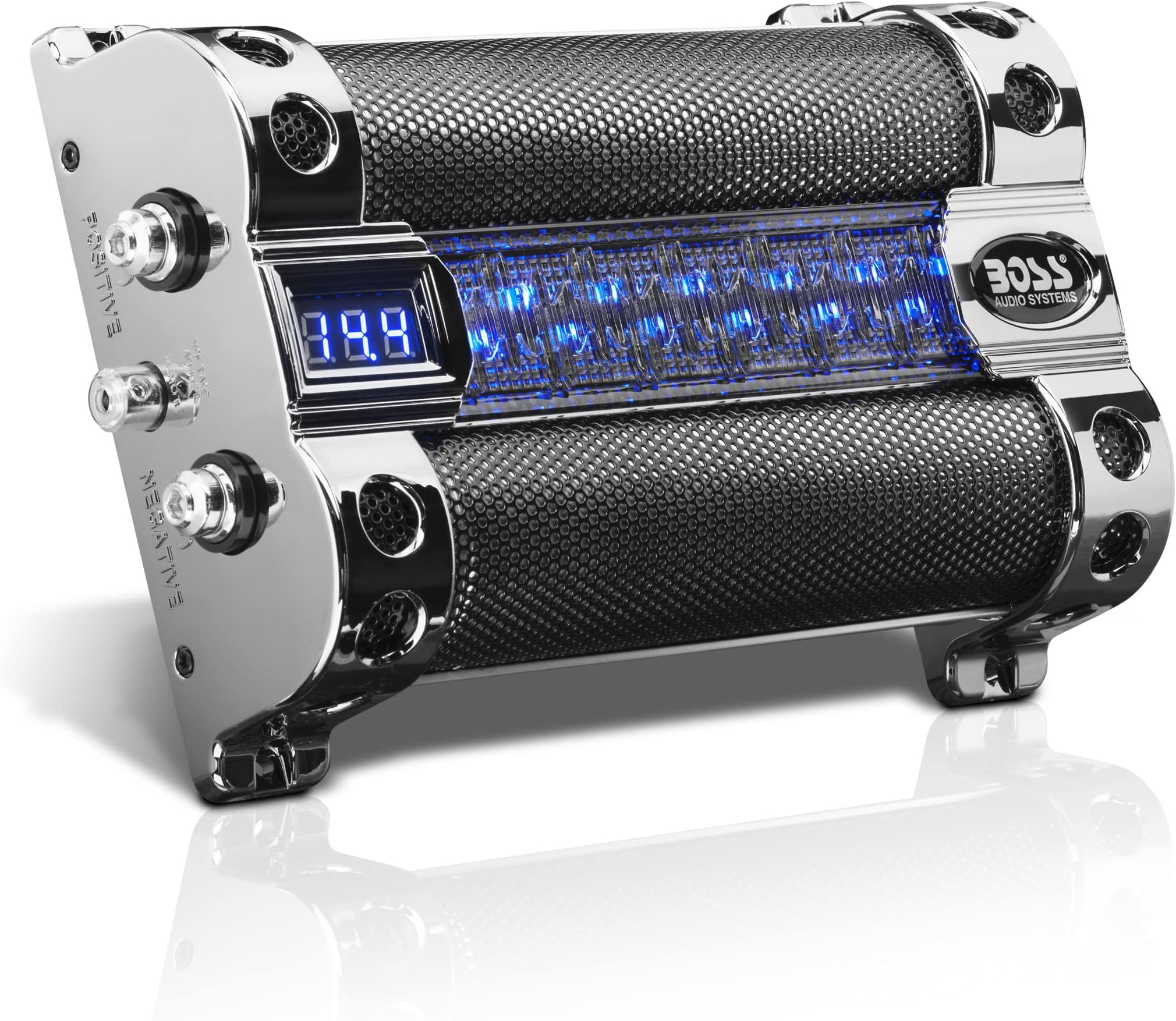 BOSS Audio Systems CAP8 Car Capacitor - 8 Farad, Energy Storage, Enhanced Bass From Stereo, Warning Reverse Polarity Tone, Voltage Overload Low Battery Voltage Led