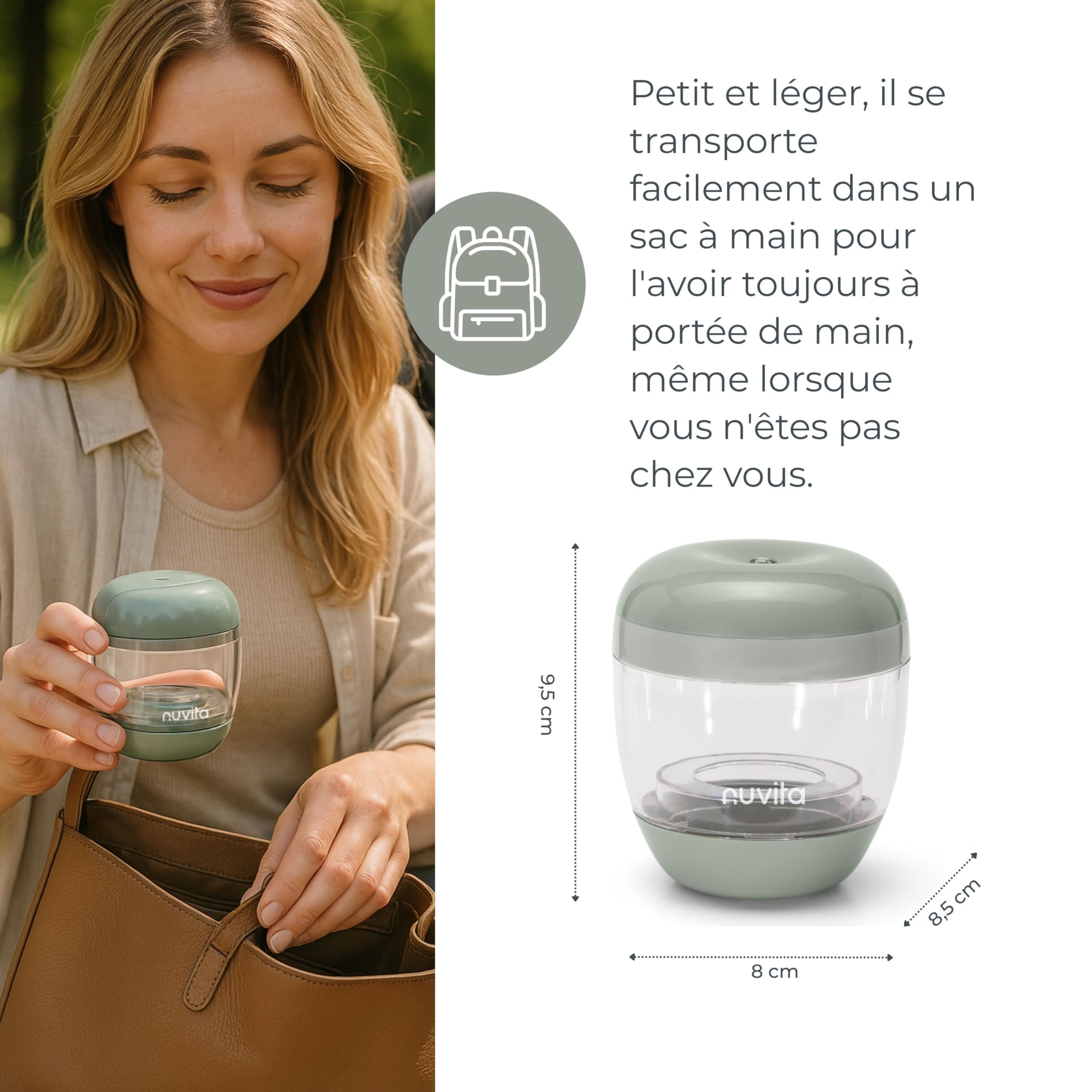 Nuvita 1556 | MellyPlus Stérilisateur Portable UV Ultraviolet pour Sucette, Protège-tétons, Tétines et Biberons | Désinfectant 99,9% de germes et bactéries | Sans BPA | Vert Sauge