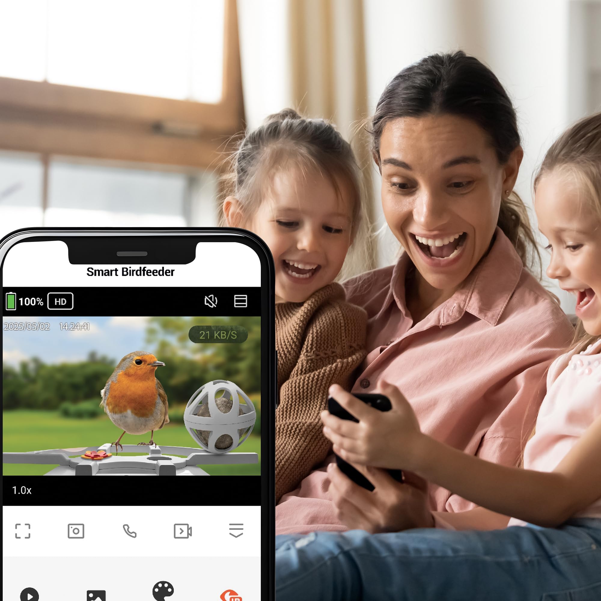 Avidsen Intelligentes Vogelhaus mit WLAN-Kamera, Full HD 1080p, Solarbetrieb, 2L Futterspender, Nachtsicht, Zwei-Wege-Audio, IP65, App-Steuerung, Grün
