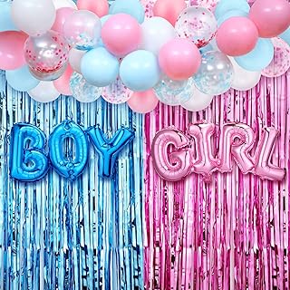 35 Pieces Gender Reveal Decorations Party Supplies, Boy or Girl Foil Balloons, Metallic Tinsel Foil Fringe Curtain, Balloon Arch Strip, Gender Reveal Party Baby Photo Backdrop (Blue and Pink Series)