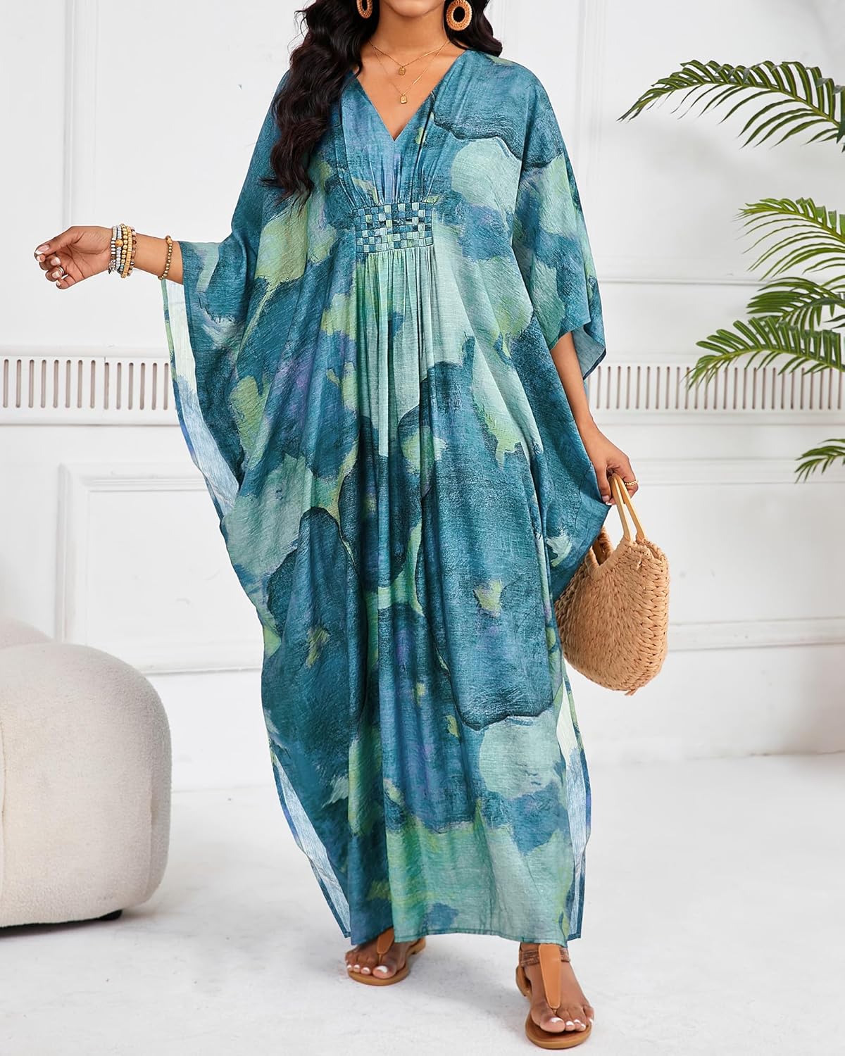 Bsubseach Plus Size Kaftan Dresses for Women V Neck Swimsuit Coverup Floral Print Caftan Maxi Beach Dress - Image 2