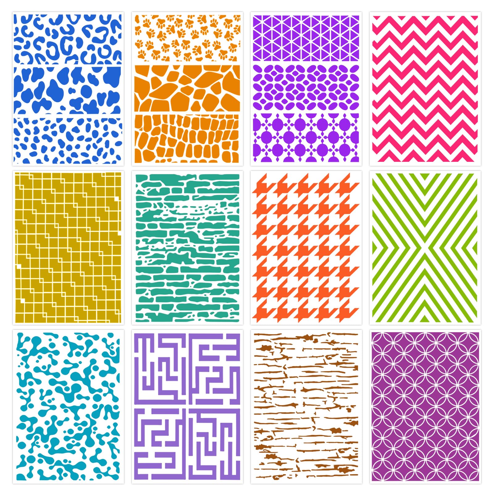 Lot De 12 Pochoirs Texturés Réutilisables 22x10,5 Cm - Motifs Géométriques Et Animaux - Pour Peinture DIY - 7