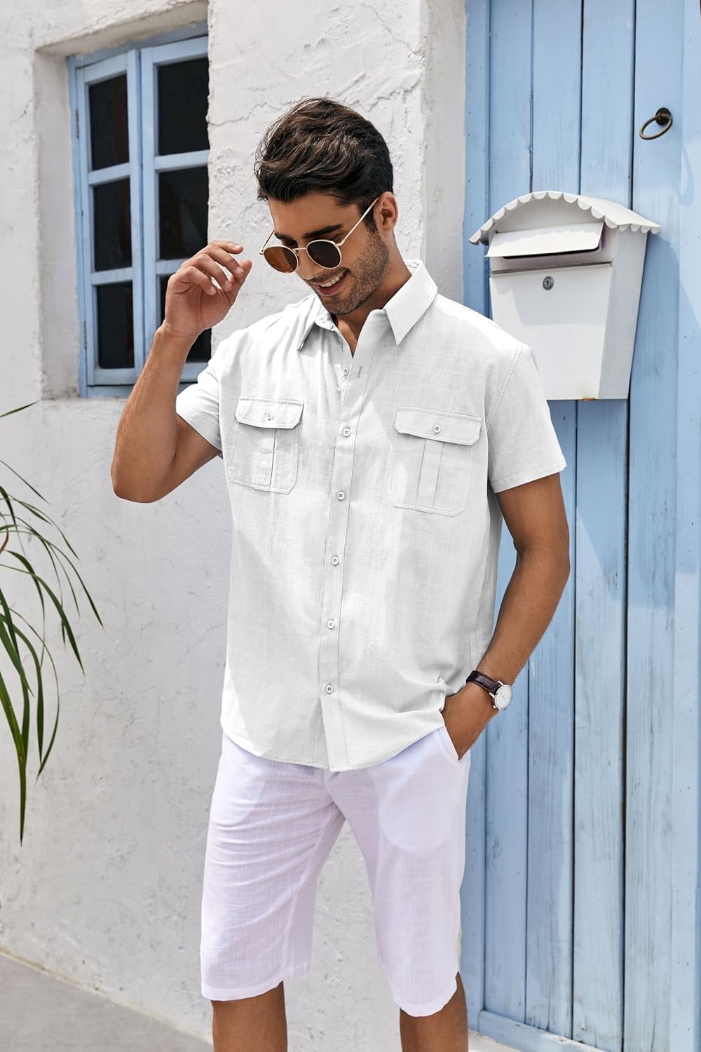 Camicia Uomo Estate In Lino E Cotone - Manica Corta, Regular Fit - Per Spiaggia E Lavoro - Foto 3