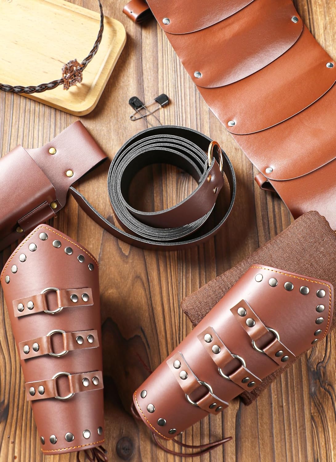 Men Renaissance Costume Set - 6 Pcs Medieval Viking Cosplay Armor Brown Leather Belt Wristband Shoulder Armor Classic Celtic Moon Bronze Dragon Crown Halloween Costumes for Men