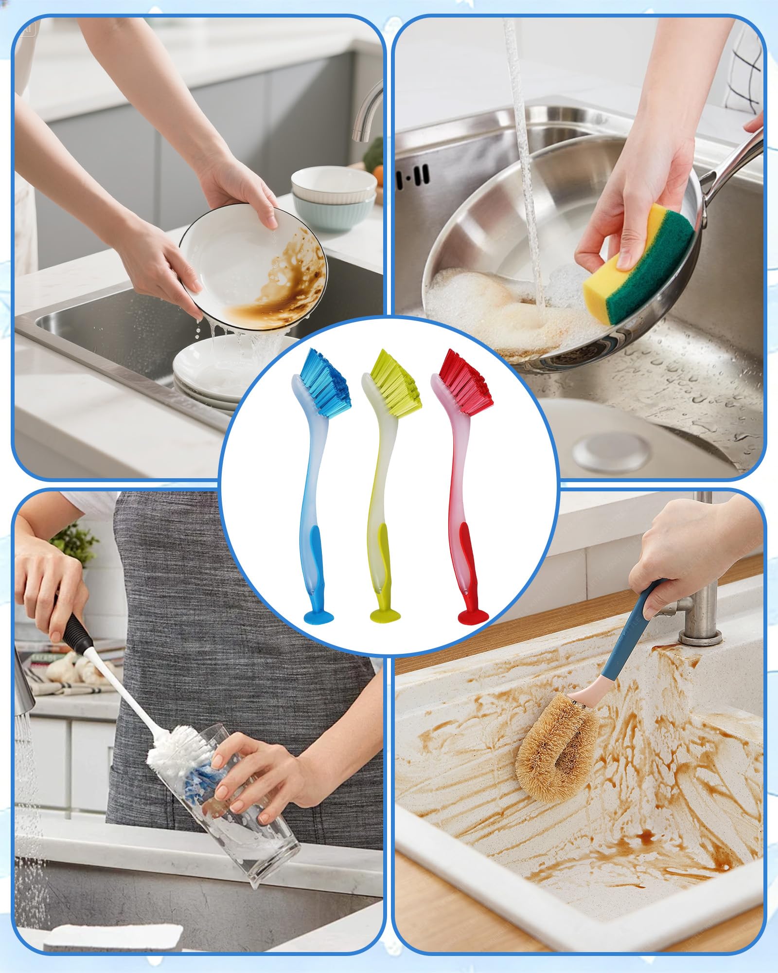 Szczotka do naczyń kuchennych z przyssawką 3 sztuki 26 × 3,5 cm, szczotka do czyszczenia wielokrotnego użytku, do garnków, garnków, płytek ściennych w płytkach