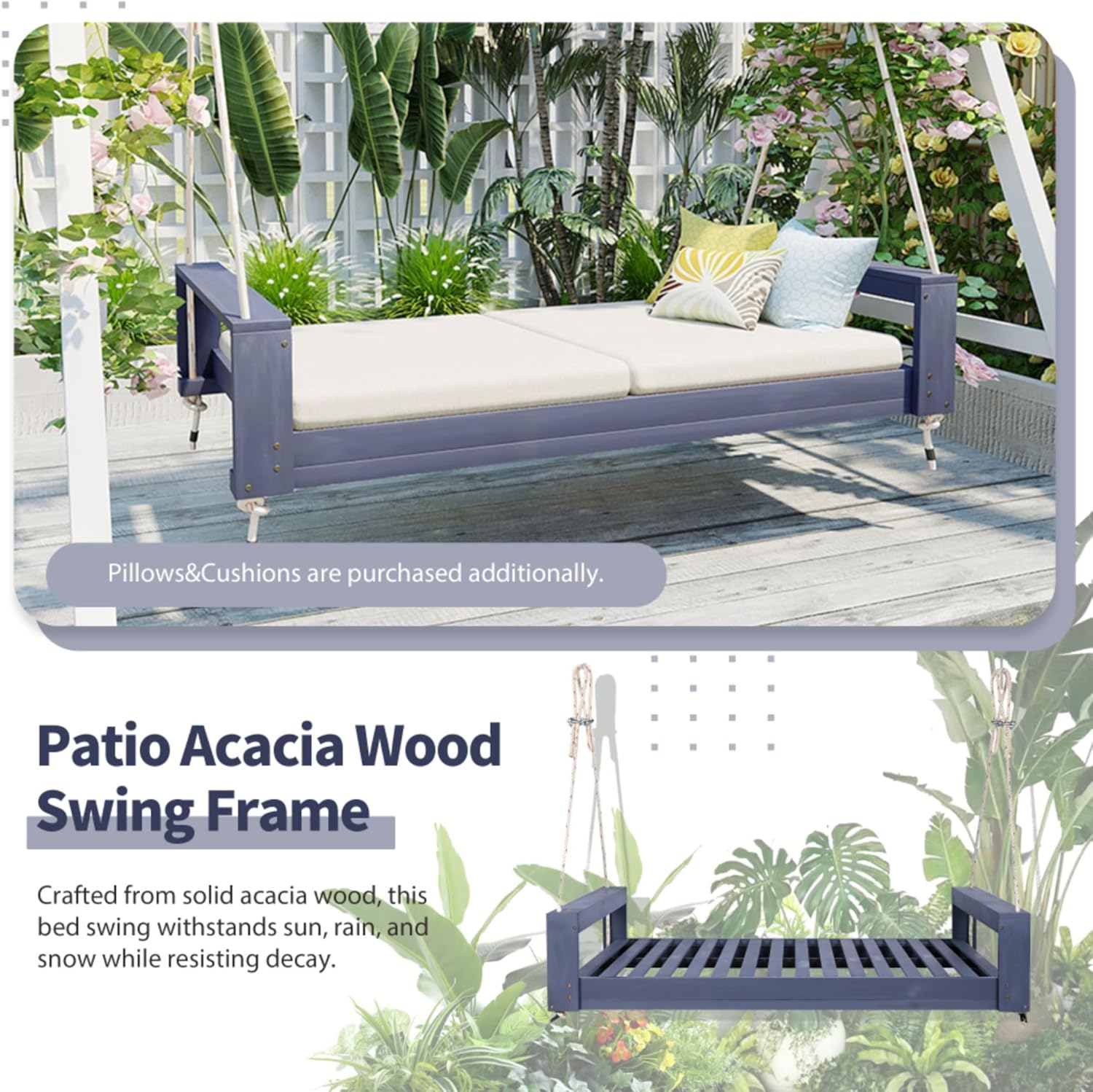 Twin Size Porch Swing Bed Seating Group Patio Acacia Wood Frame Hemp Ropes Garden Backyard Relaxation Lounger Outdoor Hanging Furniture Hammock (Gray + Acacia Wood + Minimalist)