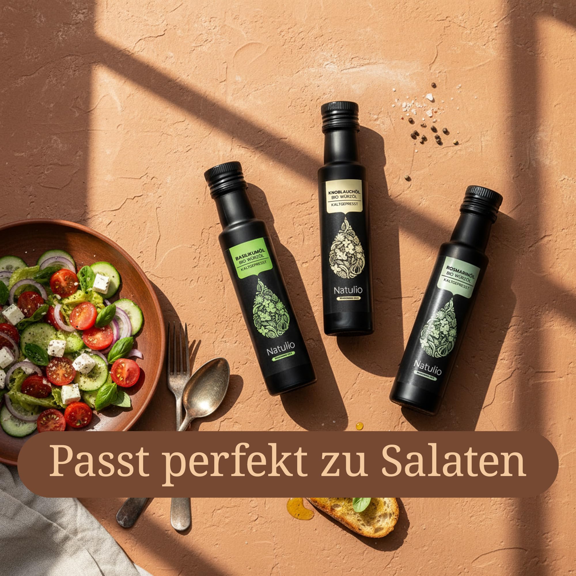 Natulio Geschenkset Bio Kräuter Trio kaltgepresst - Geschenkidee - das perfekte Geschenk für alle Feinschmecker - Geschenkset aus Basilikumöl, Knoblauchöl & Rosmarinöl - 3x100ml -DE-ÖKO-006