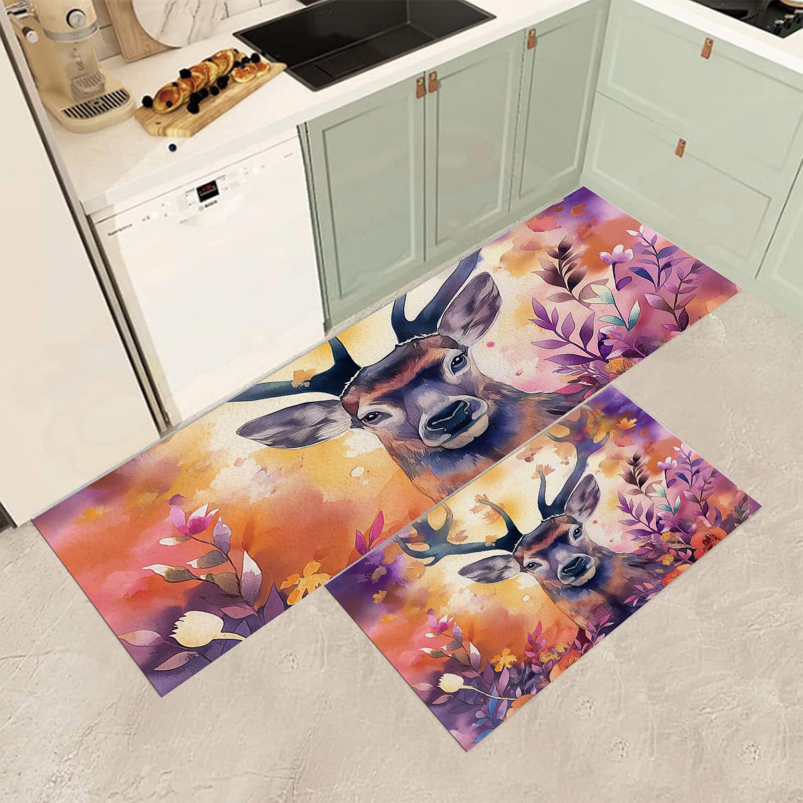 Tapis de cuisine antidérapants et lavables motif cerf aquarelle | Lot de 2 confort