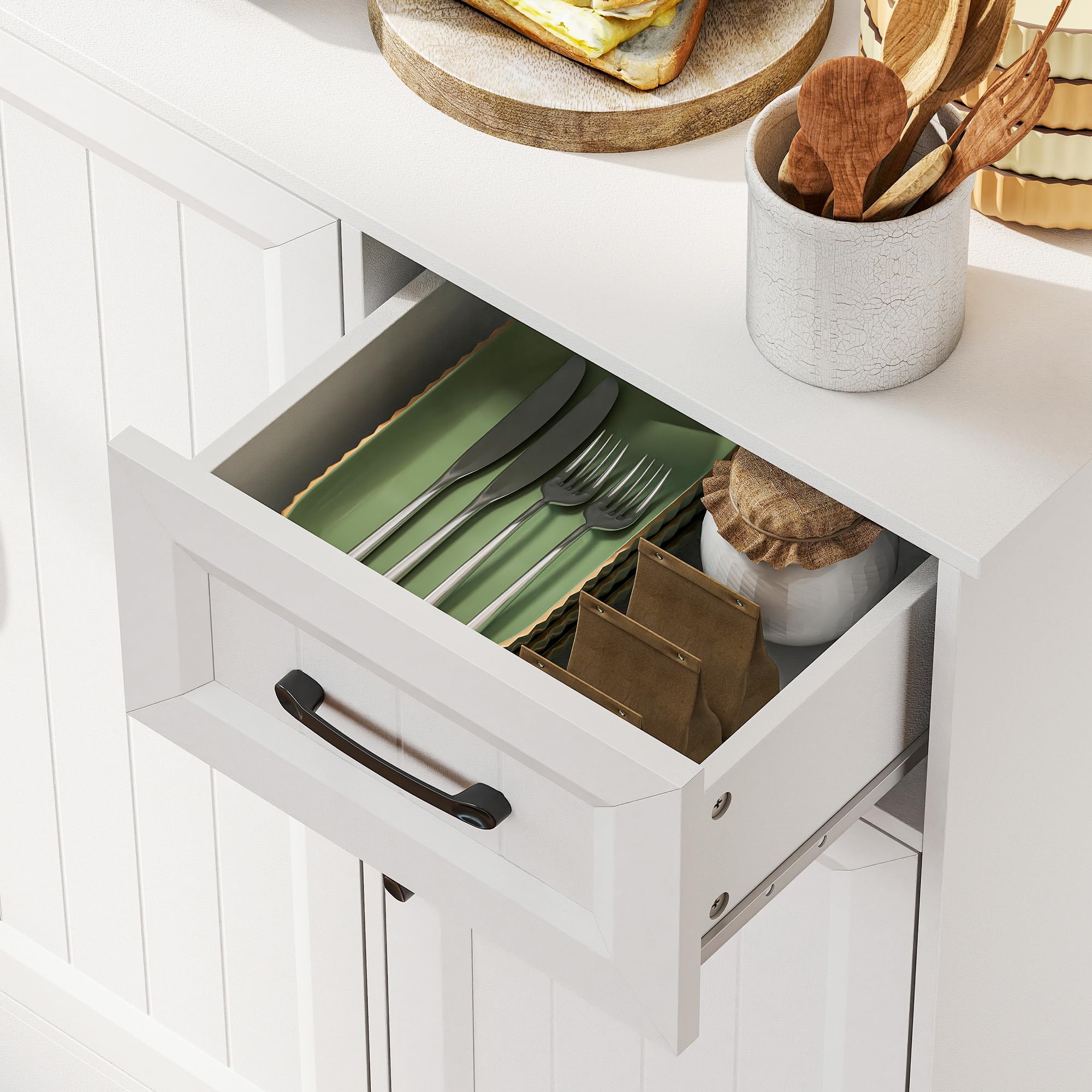 HOMCOM Küchenschrank mit Arbeitsplatte 6 Türen 100 x 39,5 x 180,5 cm Weiß | Buffetschrank, Verstellbaren Regalen, Schublade, Hochschrank Vorratsschrank mit Kabelloch, für Küche Wohnzimmer Esszimmer