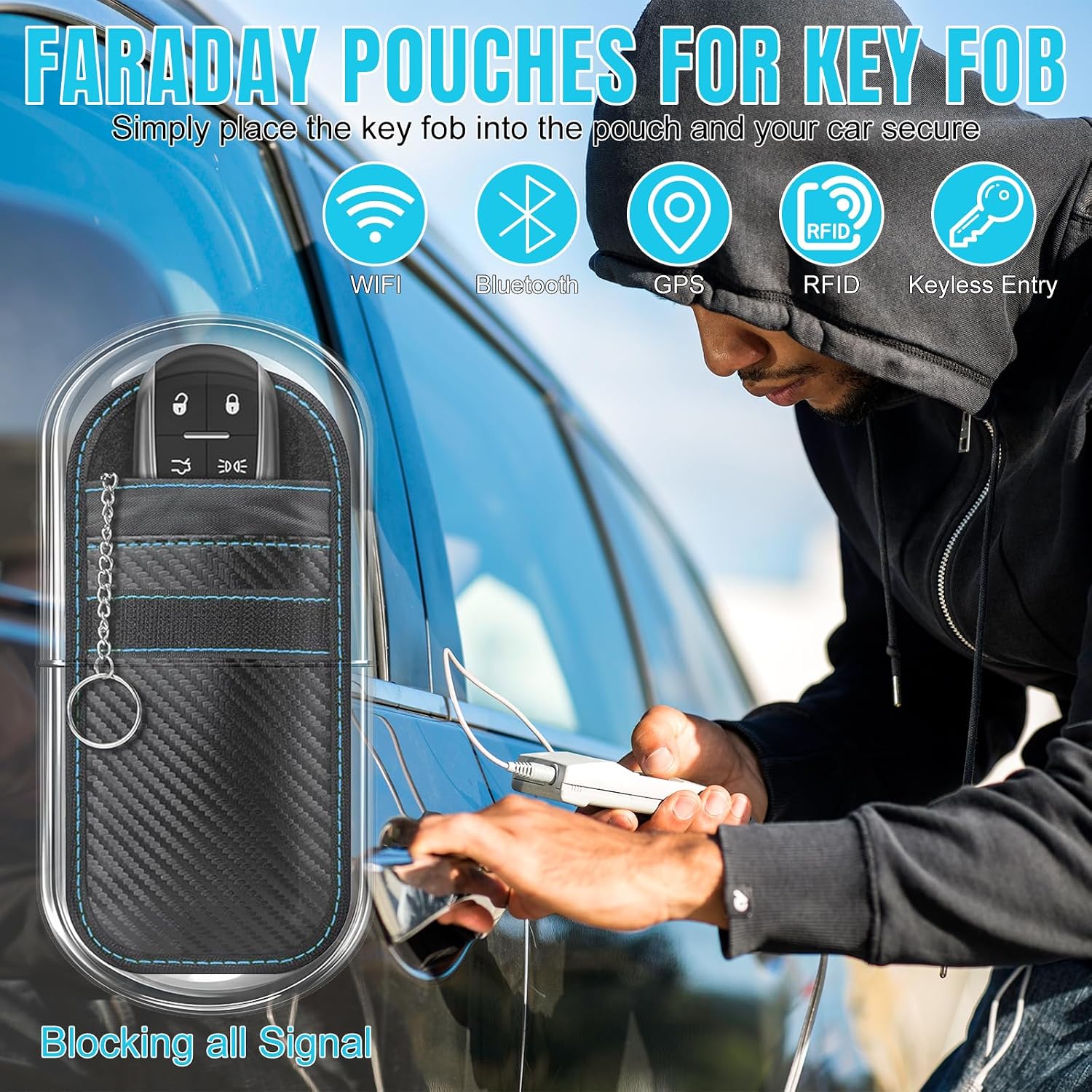 2 Pack Faraday Bags for Key Fob Phone - Car RFID Signal Blocking Holder Key Fob Protector Key fob cage Block Signal Anti Theft Fob Case (Red+Blue)