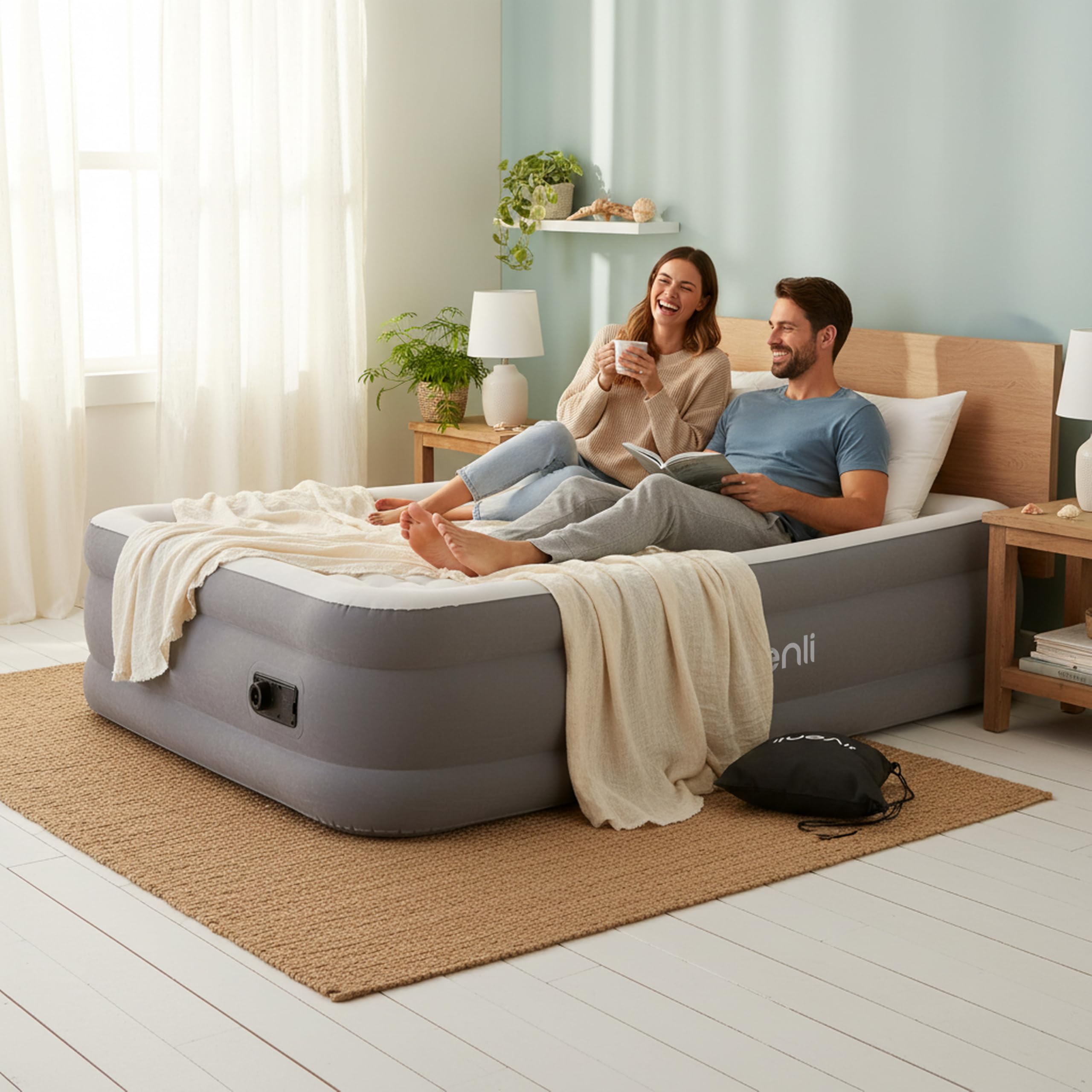 AVENLI Luftmatratze Luftbett selbstaufblasend für 2 Personen 203x152x46cm aufblasbare Matratze Gästebett mit integrierter Pumpe extra hohe Liegefläche beflockte Oberfläche für Camping & Zuhause