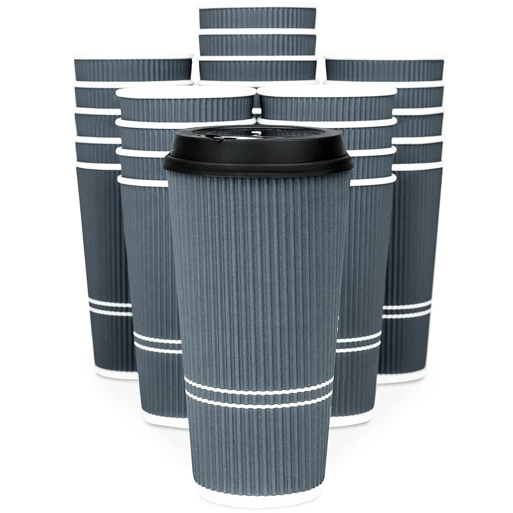 Glowcoast To Go Coffee Cups With Lids - 22 oz Disposable Coffee Cup With Lid. Large Togo Travel Paper Ripple Hot Cups Insulated For Hot, Cold Beverage Drinks, No Sleeves Needed (50, Dusk Grey)