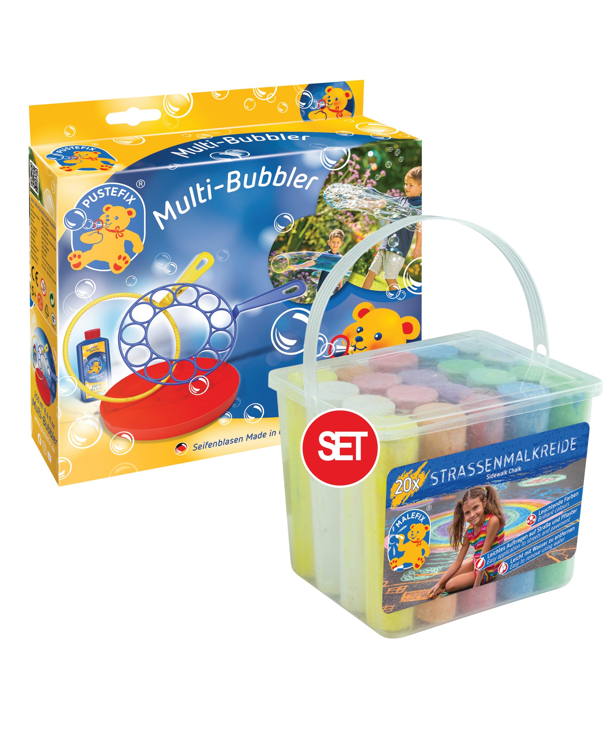 MALEFIX Straßenkreide 20er Packung + PUSTEFIX Multi-Bubbler Seifenblasen Ringe I Spielspaß für Kinder I Outdoor Spielzeug I PUSTEFIX Seifenblasen Set