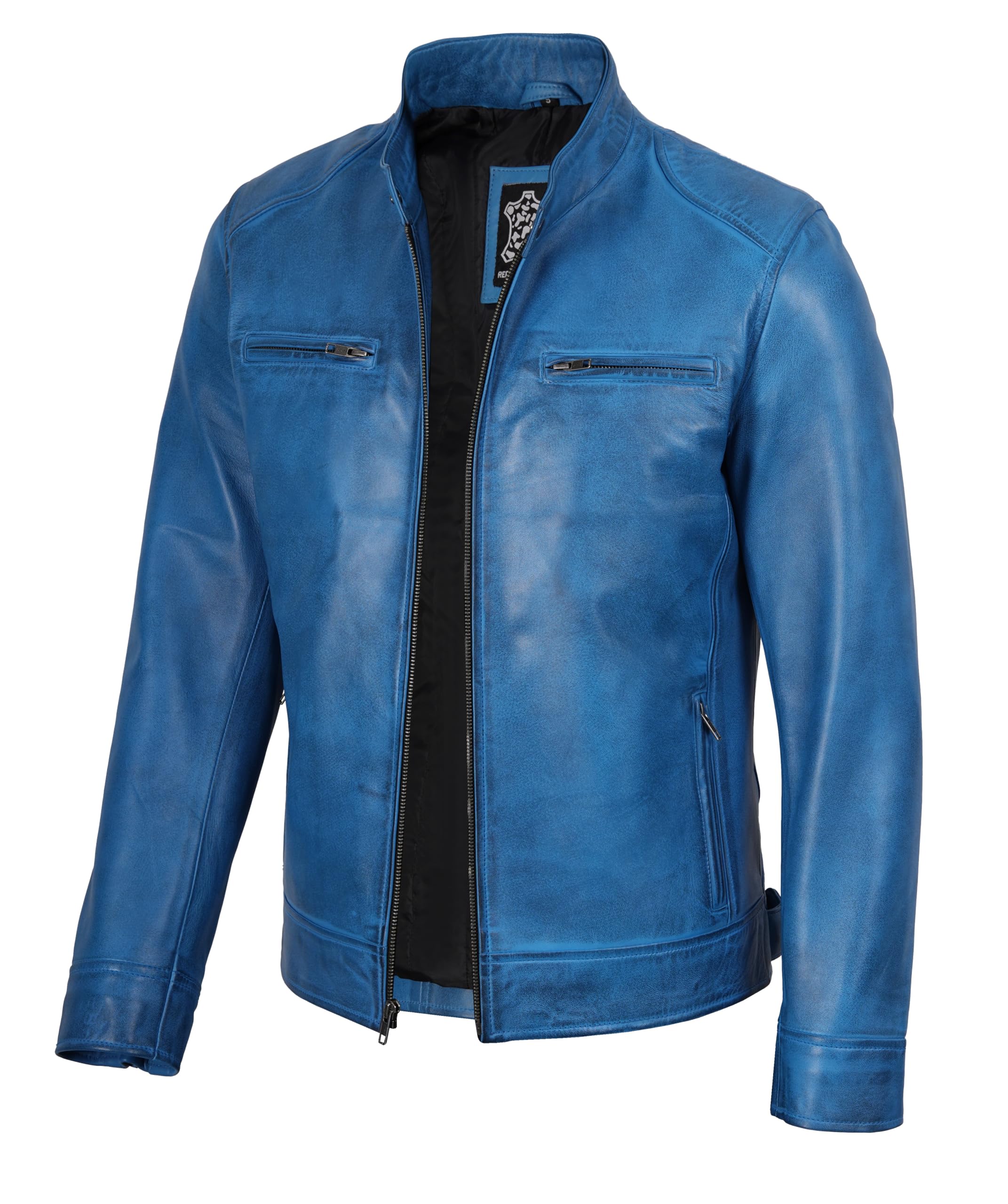 fjackets Mens Leather Jacket - Real Lambskin Cafe Racer Jacket Stand Collar Moto Biker Zip Jacket For Men