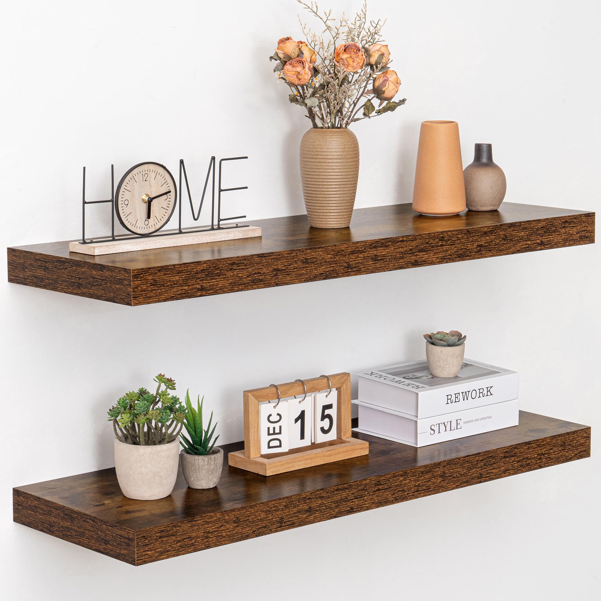 Acovy 90cm Floating Shelves, 30cm Deep Wall Mounted Shelves, Set of 2 White Rustic Display Shelving, Extra Deep & Thick Bookshelf for Living Room and Bedroom(36 x 12 Inch) โ image 1