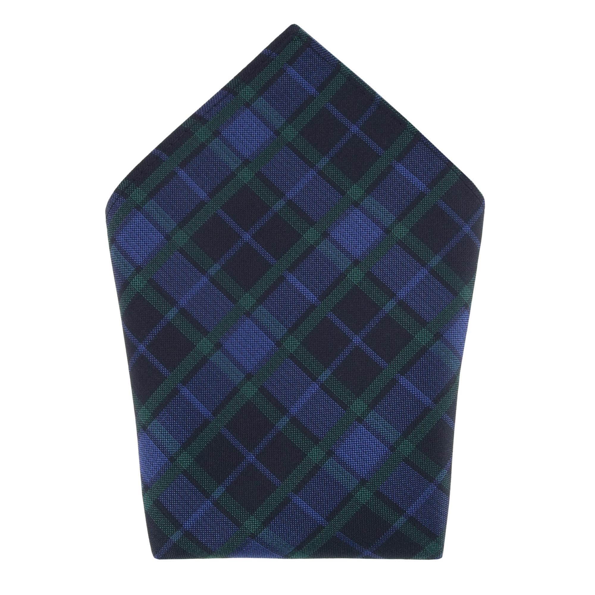 Trafalgar Men's Ives Green and Navy Blackwatch Plaid Silk Pocket Square, Green