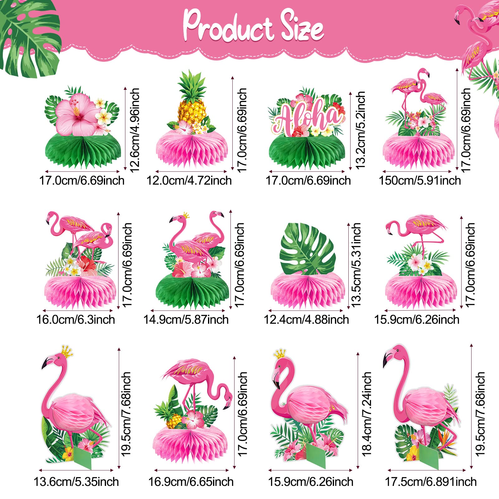 Wettarn 12 pezzi Centrotavola a nido d'ape fenicottero decorazioni Hawaii Luau Centrotavola a nido d'ape fenicottero festa centrotavola estate tropicale Aloha Party topper hawaiano Luau forniture per