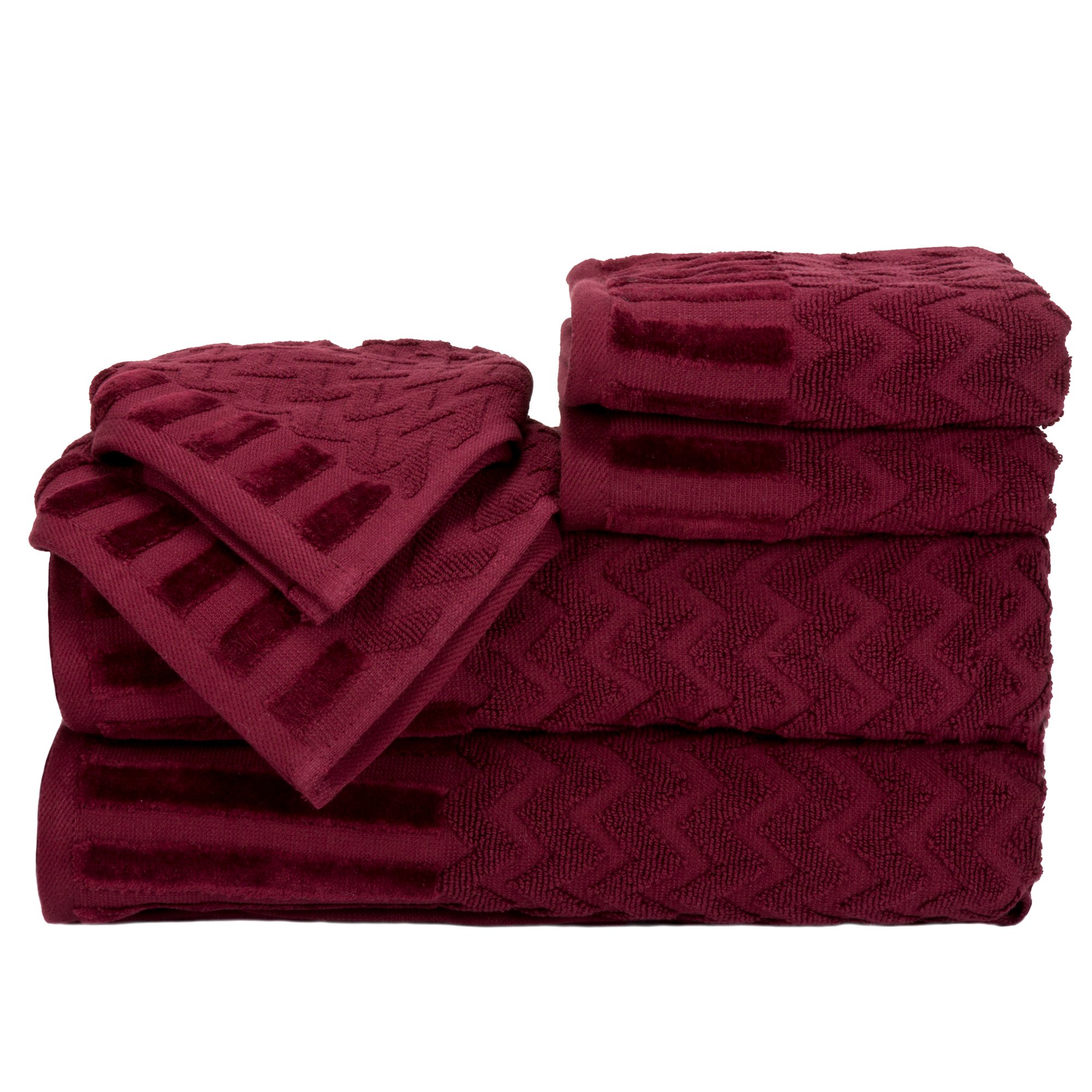 Lavish Home 6-Piece Cotton Deluxe Plush Bath Towel Set – Chevron Pattern Plush Sculpted Spa Luxury Decorative Body, Hand and Face Towels (Burgundy) , 27"x54"x0.25"