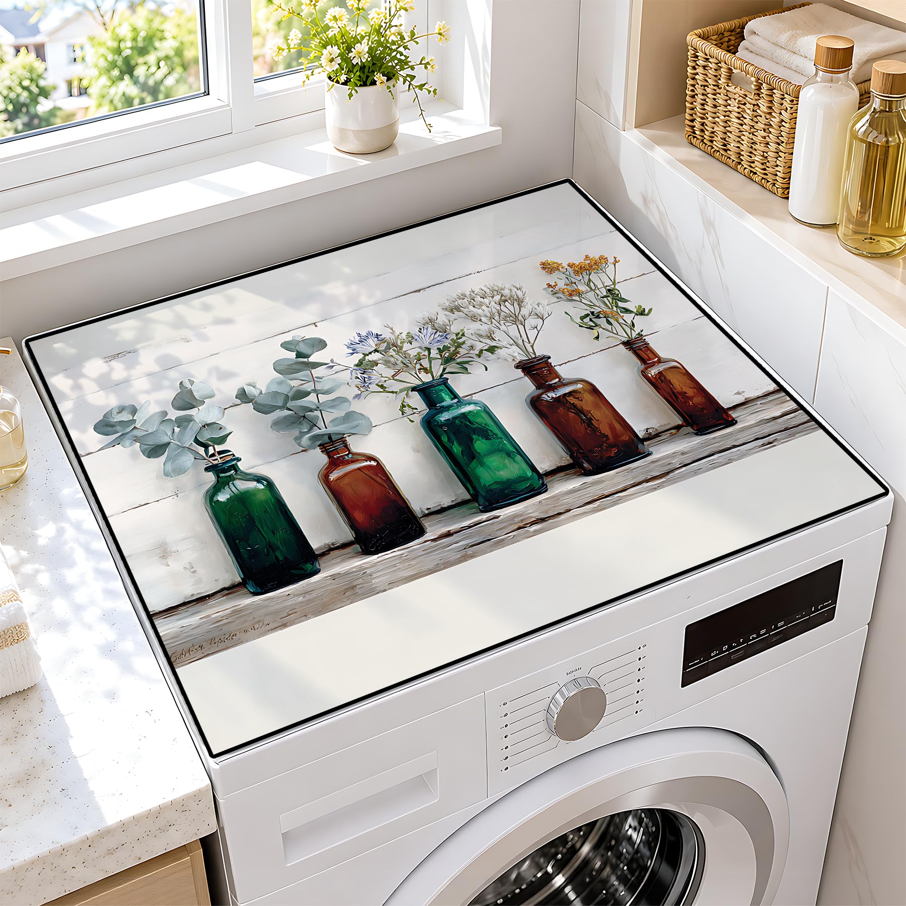 Washer Dryer Top Cover Mat, Non-Slip Laundry Room Decor, Laundry Room Kitchen Appliance Decor Protector Universal 23.6"x19.7" (Vase 1)