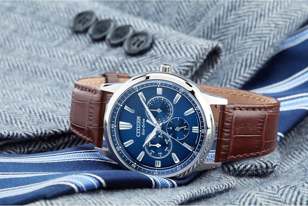 CITIZEN Men's Eco-Drive Corso Classic Watch in Stainless Steel with Brown Leather Strap, Blue Dial (Model: BU2070-12L)