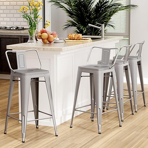 26 inch Metal Bar Stools Set of 4 Modern Counter Height Stools with Backs Low Back Bar Chairs for Indoor Outdoor Silver