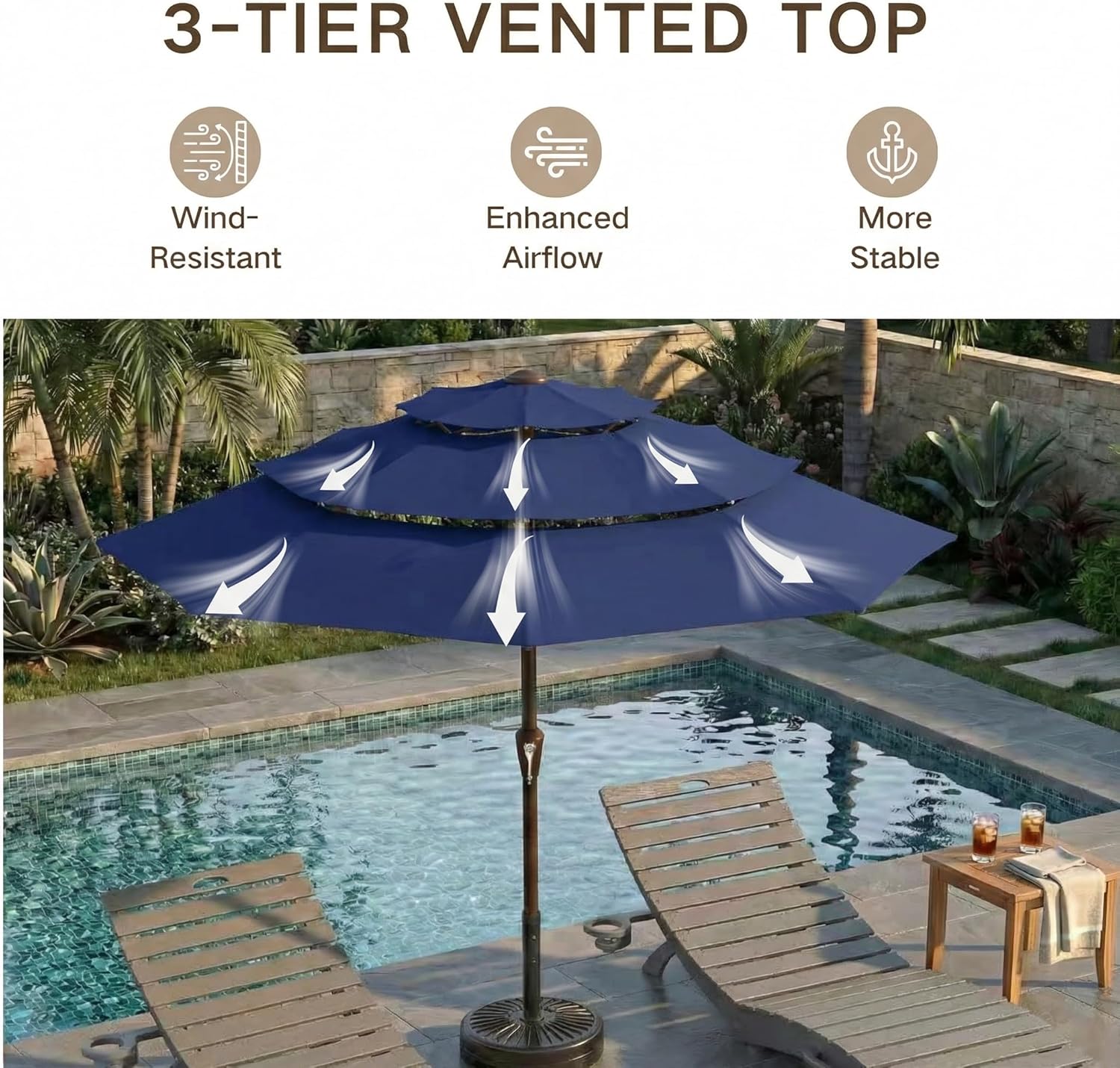 Kingdura 9ft 3-Tier Patio Umbrella, Outdoor Table Umbrella with Easy Crank & Tilt, 8 Reinforced Ribs, UV Protection for Deck, Pool, Market, Backyard (Navy blue)