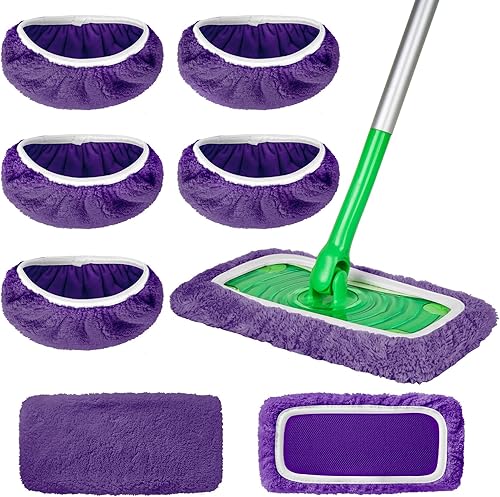 Miniatura 8 de Paquete de 5 almohadillas de microfibra reutilizables compatibles con trapeador Swiffer Sweeper, cubierta de trapeador plano húmedo y seco