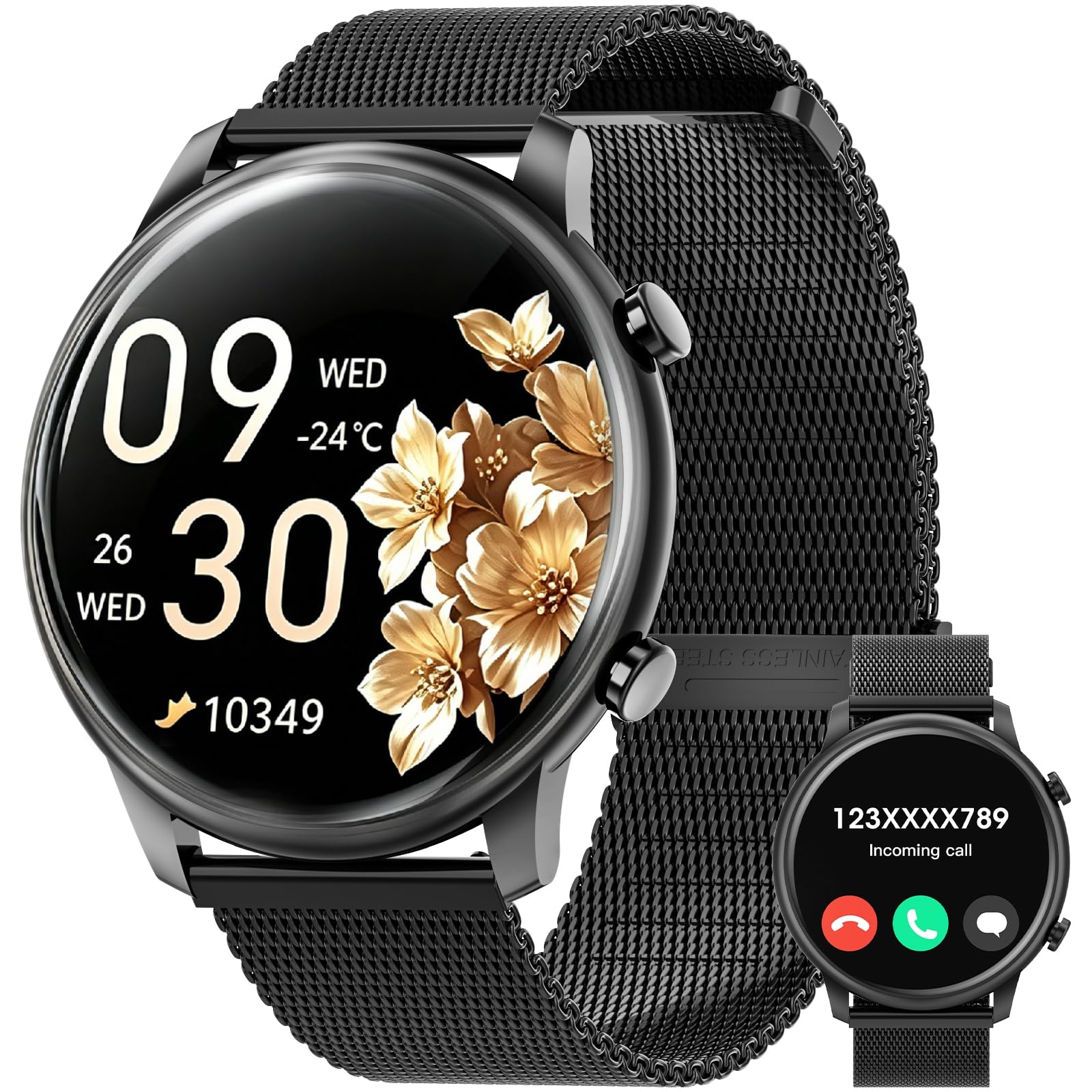 Hwagol Smart Watches for Men Women Android Phones iPhone Compatible(Bluetooth Call),1.39'' Round Fitness Tracker Heart Rate/Sleep Monitor,100+Sport Modes Pedometer (Black Steel)